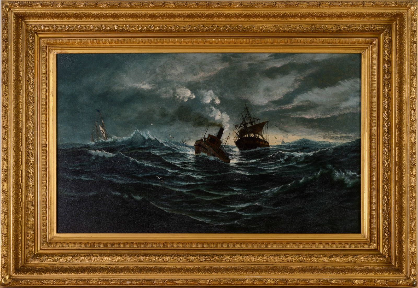 FRANKLIN STANWOOD (1852-1888). MORNING OF NY, 60 DAYS FROM LIVERPOOL.: Oil on canvas. Sight, 18 x 30 inches. In a period gilt frame, 27 x 39 inches. Relined and professional restored.