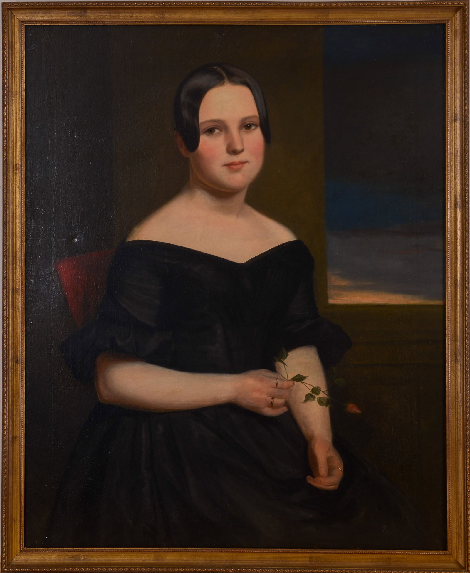 19TH CENTURY AMERICAN SCHOOL FOLK ART PORTRAIT OF A WOMAN. (1 of 5)