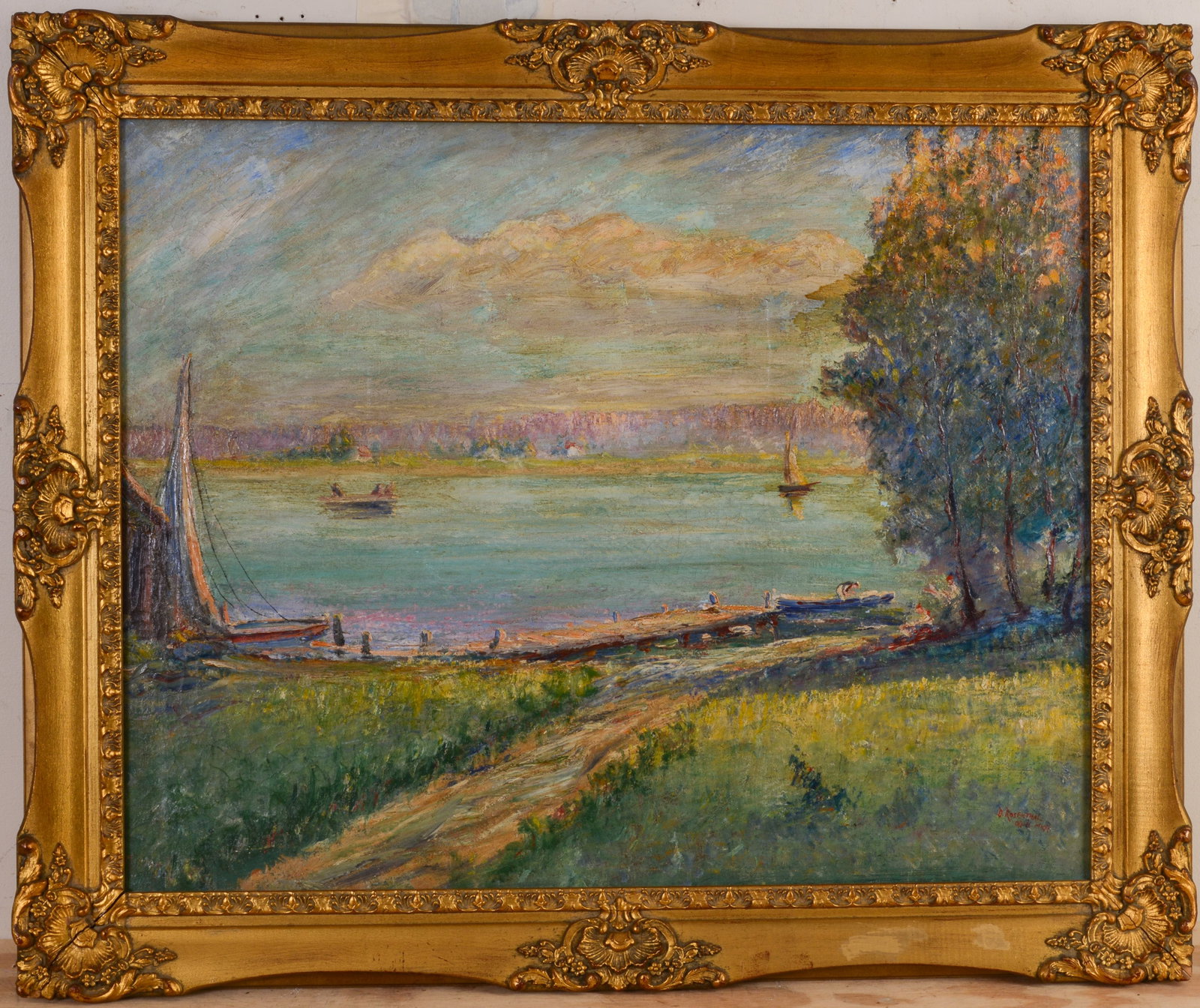 DAVID ROSENTHAL (1976-1949). CROOKED LAKE.: Large and significant work by noted Cincinnati School painter David Rosenthal depicting Crooked Lake in Oden, Michigan. Oil on canvas, circa 1910, and signed lower right. In original frame. Sight, 24