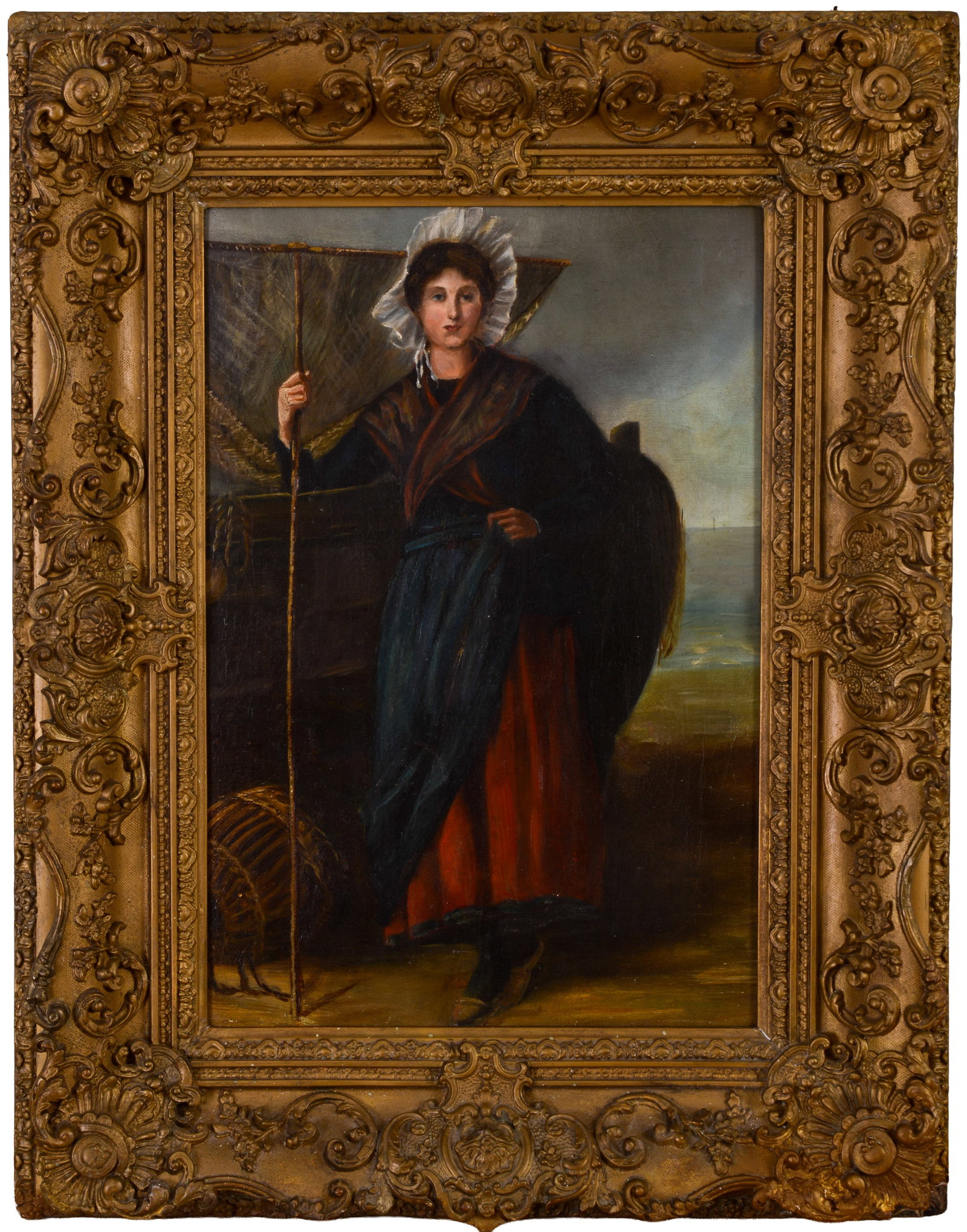 19TH CENTURY PORTRAIT OF A WOMAN BY THE SEASHORE.: Oil on canvas in a fine 19th century gilt frame. Sight 13.5 x 19.5 inches, frame 21.5 x 27.5 inches.