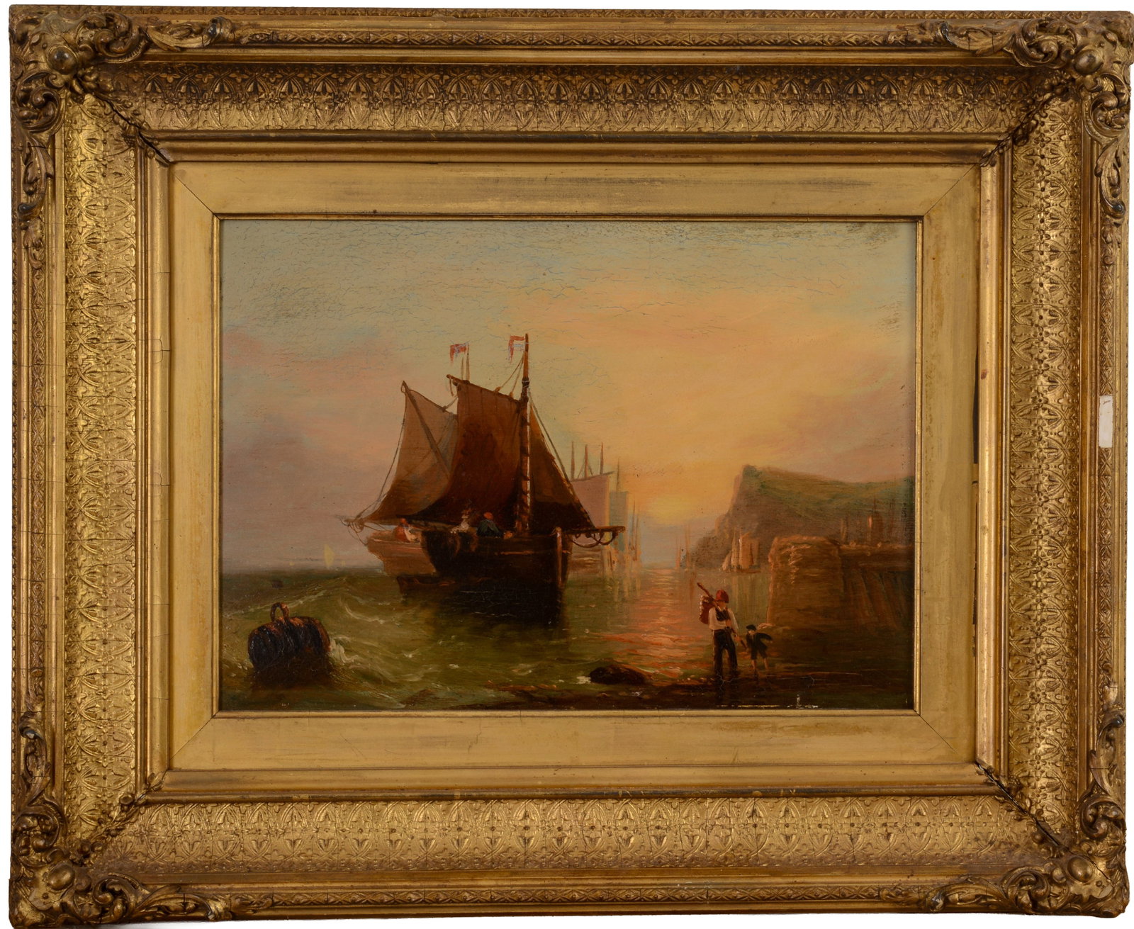 19TH-CENTURY TONALIST OIL PAINTING ON BOARD.: Of ships in a bay with onlookers along the shore. Original gilt frame. Sight, 10.5 x 14.5 inches. Frame, 17.75 x 21.5 inches.