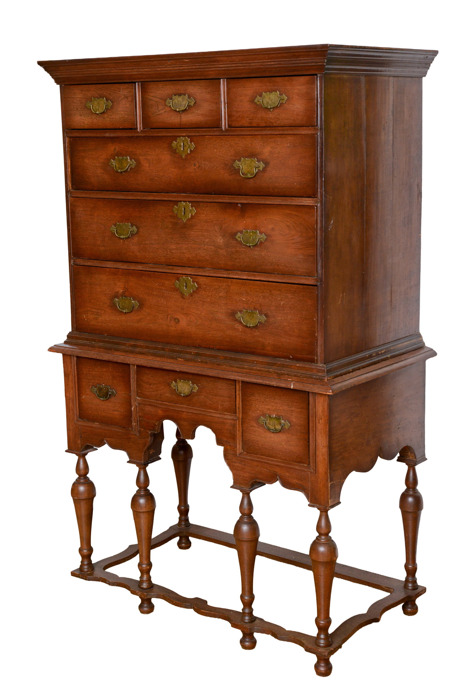 WILLIAM & MARY STYLE HIGHBOY.: Height 64 inches, case width 35 inches, depth 20 inches.