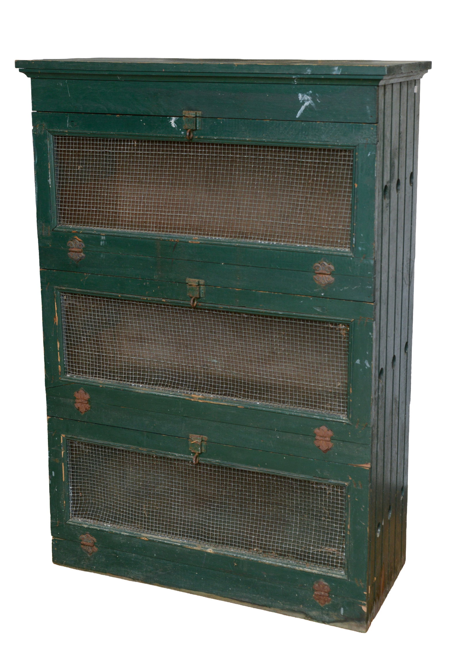 VINTAGE PIE SAFE IN GREEN PAINT.: Height 55 inches, width 38 inches, depth 16 inches. Two hinges broken, some dents to wire, some paint loss.