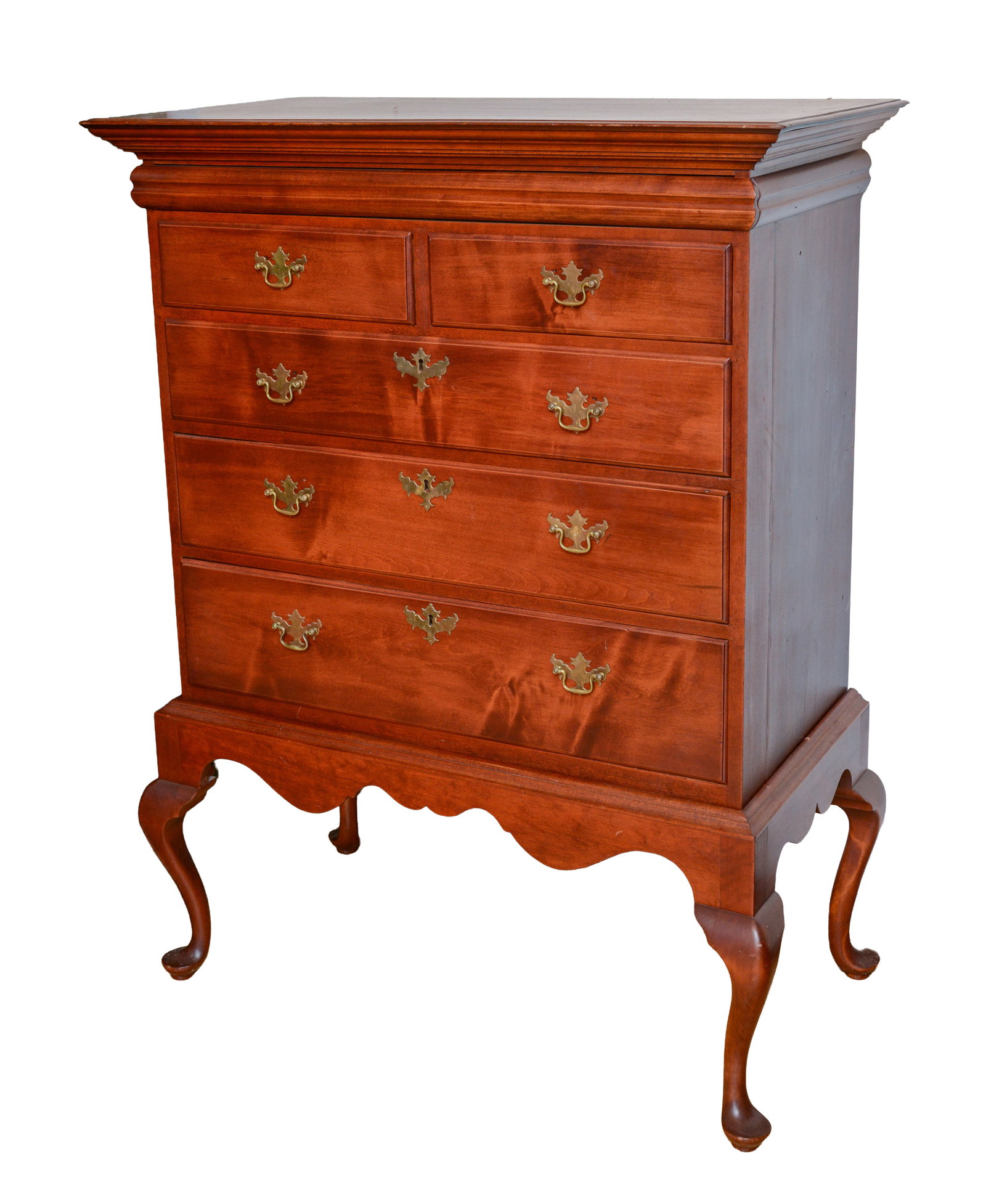 NEW ENGLAND QUEEN ANNE CHEST ON FRAME.: Height 51 inches, width 34 inches, depth 18 inches. Maple primary, yellow pine secondary. Replaced brasses.
