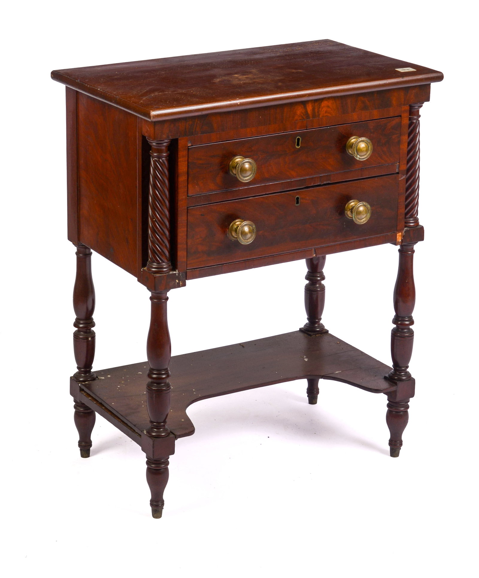 NEW ENGLAND SHERATON TWO DRAWER STAND.: Height 30.5 inches, width 24 inches, depth 15 inches.