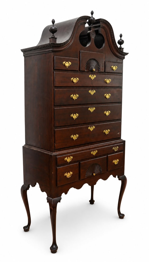 QUEEN ANNE STYLE BONNET TOP HIGHBOY.: Height 82 inches, width 38 inches, depth 19 inches.