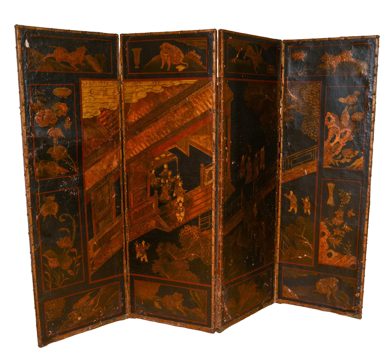 ANTIQUE CHINESE PAINTED SCREEN.: Each panel 73 x 24 inches, overall 6 feet 1 inch x 8 feet. A few tears and some paint loss.