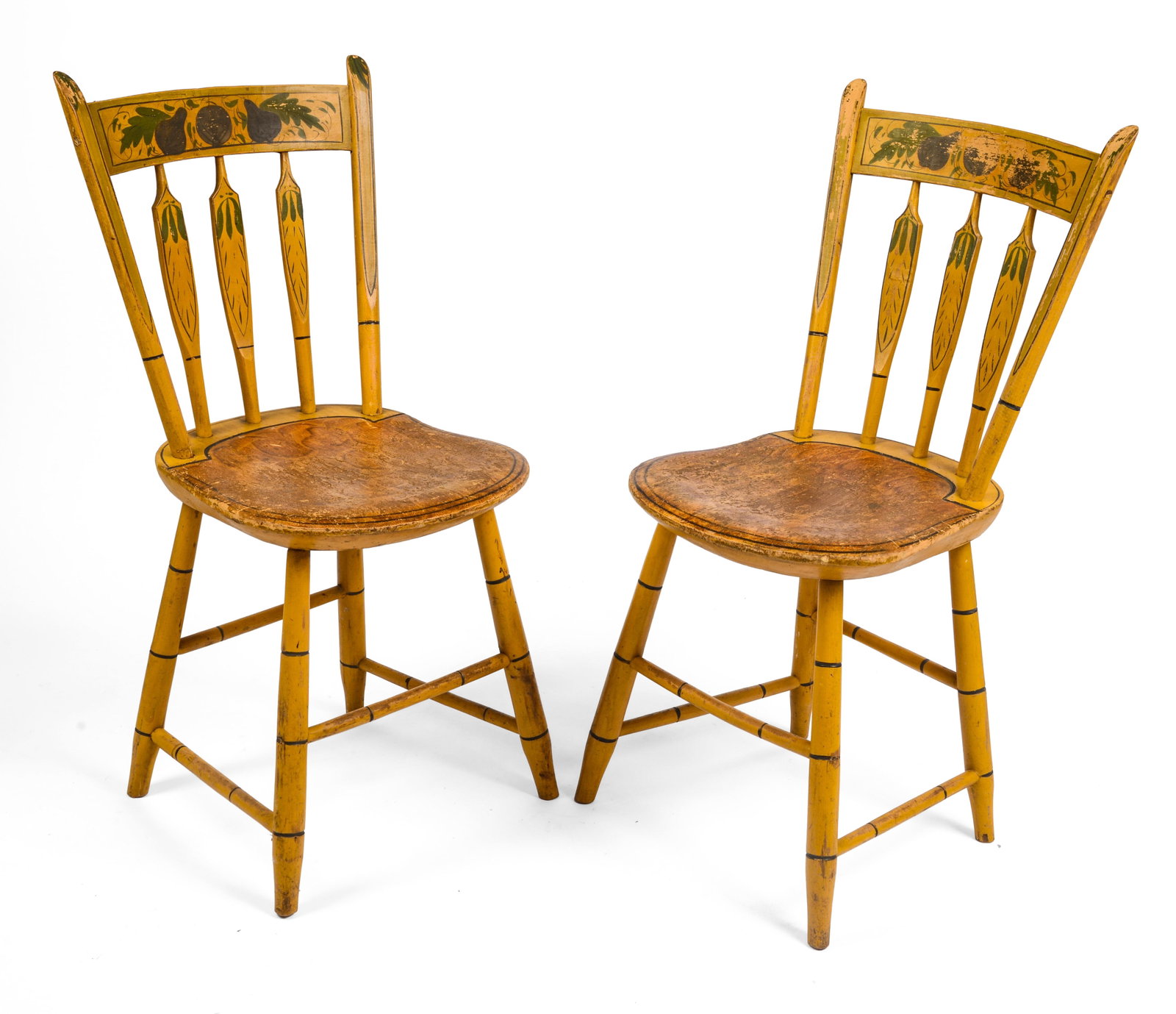 GOOD PAIR YELLOW PAINTED ARROW BACK WINDSOR CHAIRS.: Both bearing the brand of maker: "M. Davis." Seat height 18 inches, overall height 34 inches.