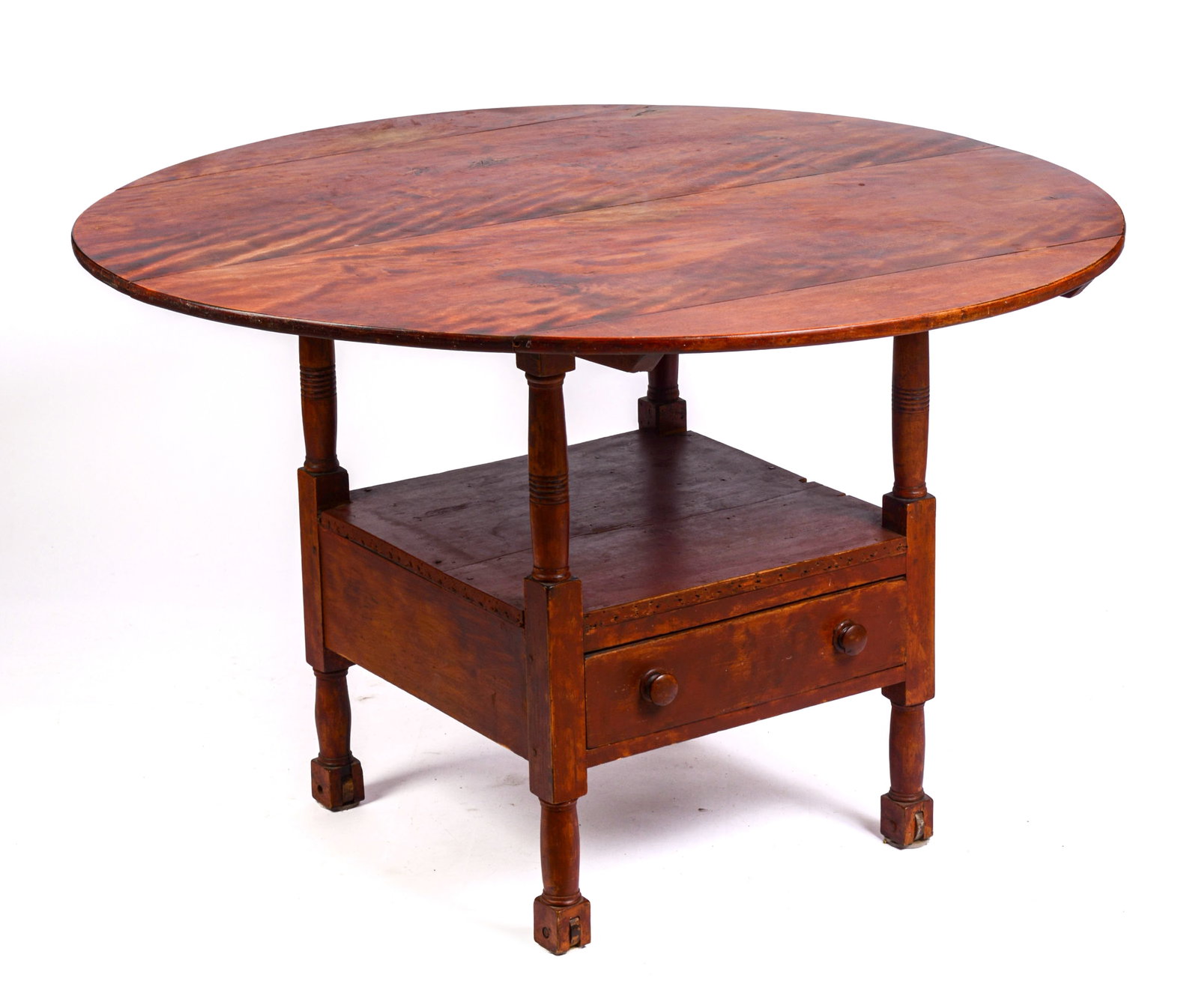 NEW ENGLAND FLAME BIRCH HUTCH TABLE.: Height 30 inches, diameter of top 46 inches.