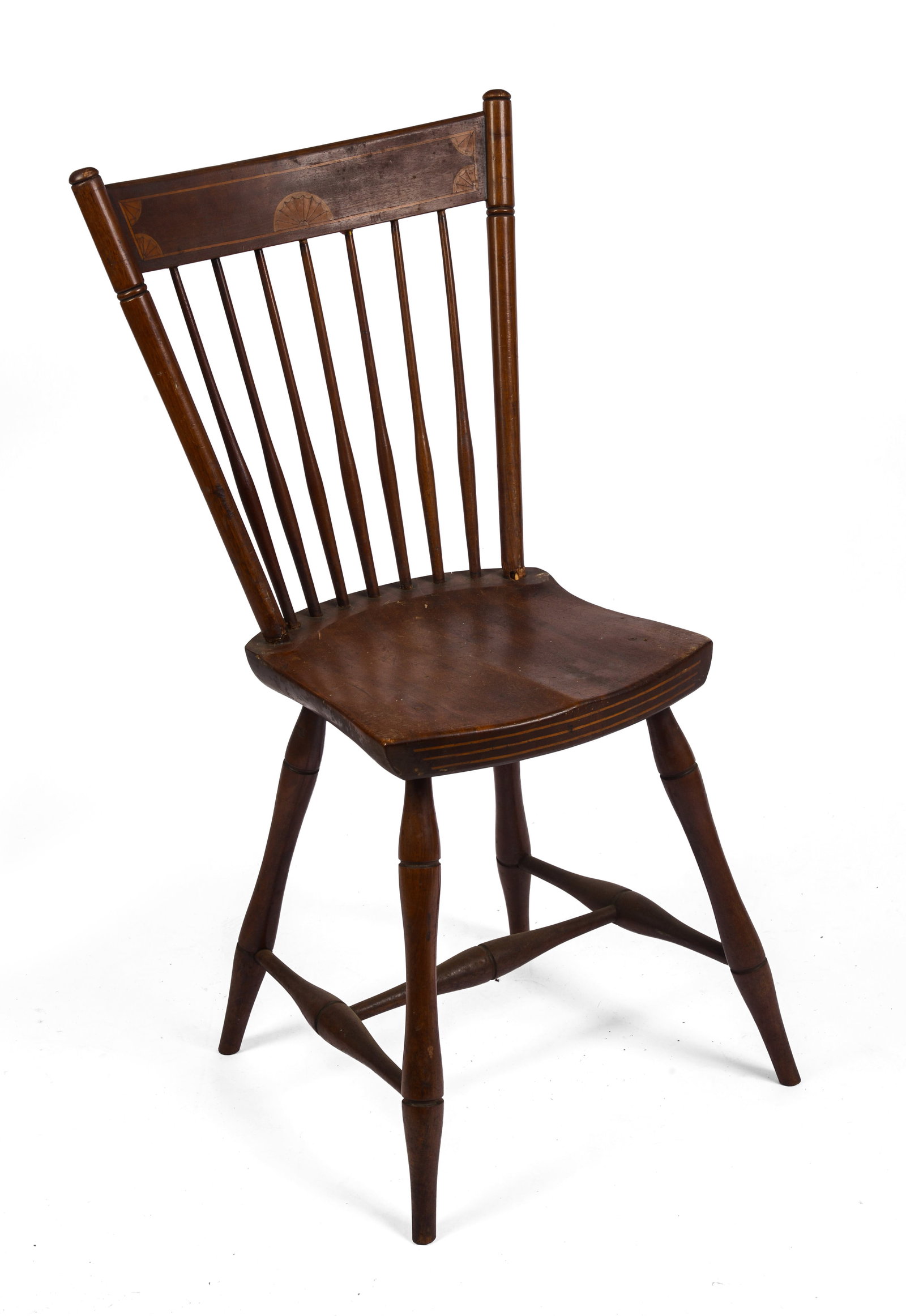 INLAID WINDSOR SIDE CHAIR.: Seat height 18 inches, overall height 35 inches, width 13 inches, depth 14.5 inches. Repaired breaks to two spindles.