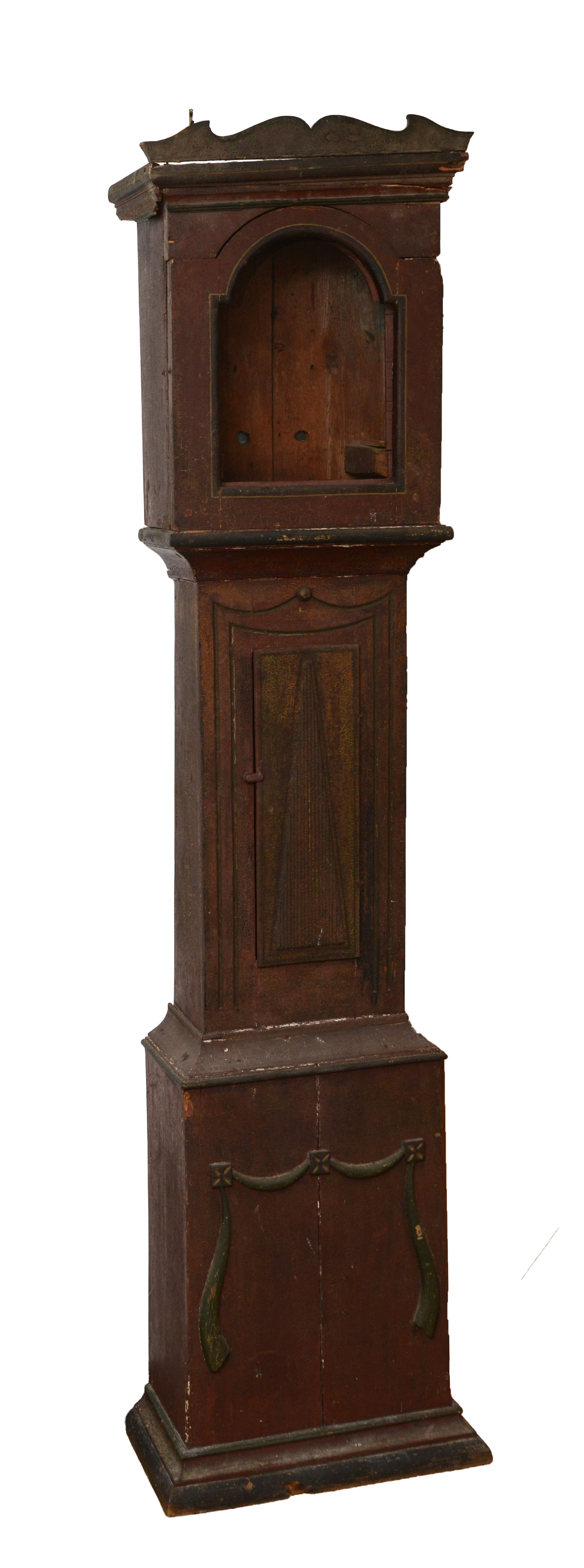 NEW ENGLAND FOLK ART TALL CLOCK CASE.: Height 78 inches, width 16 inches, depth 9 inches. Some restoration needed.