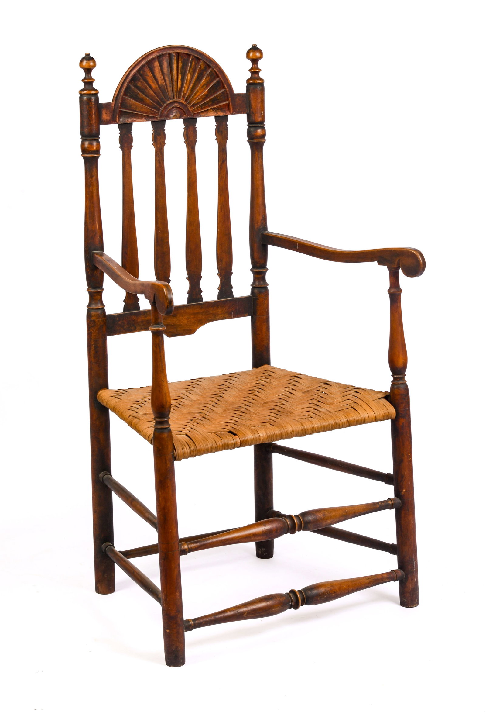 18TH CENTURY NEW ENGLAND ARMCHAIR WITH FAN CREST.: Seat height 17 inches, overall height 44.5 inches, width 23 inches, depth 17 inches.