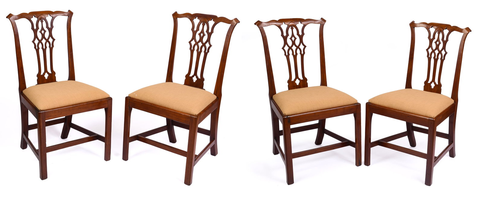 FOUR HEPPLEWHITE CHERRY SIDE CHAIRS.: Seat height 18 inches, overall height 37 inches, width 20 inches.