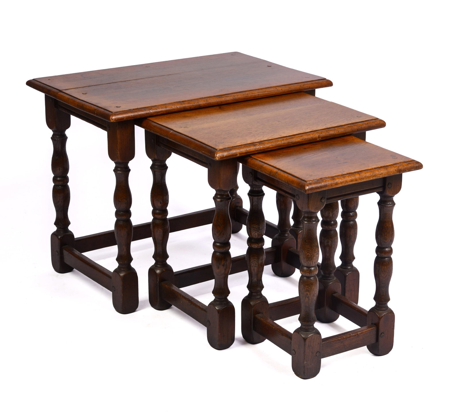 EARLY 20TH CENTURY NEST OF THREE OAK WILLIAM & MARY TABLES.: Peg Construction. Height 19.25 inches, width 24 inches, depth 15.75 inches.