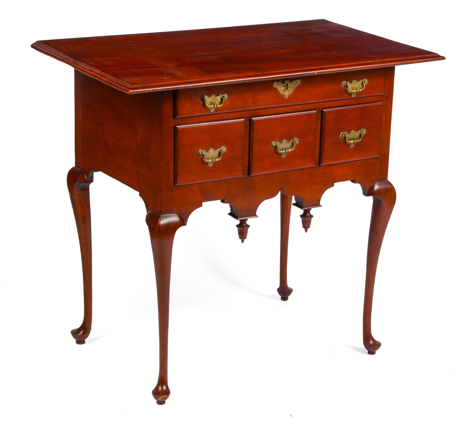 DIMINUTIVE CONNECTICUT QUEEN ANNE LOWBOY.: Height 31.5 inches, case width 25.25 inches, depth 17.25 inches. Replaced brasses.