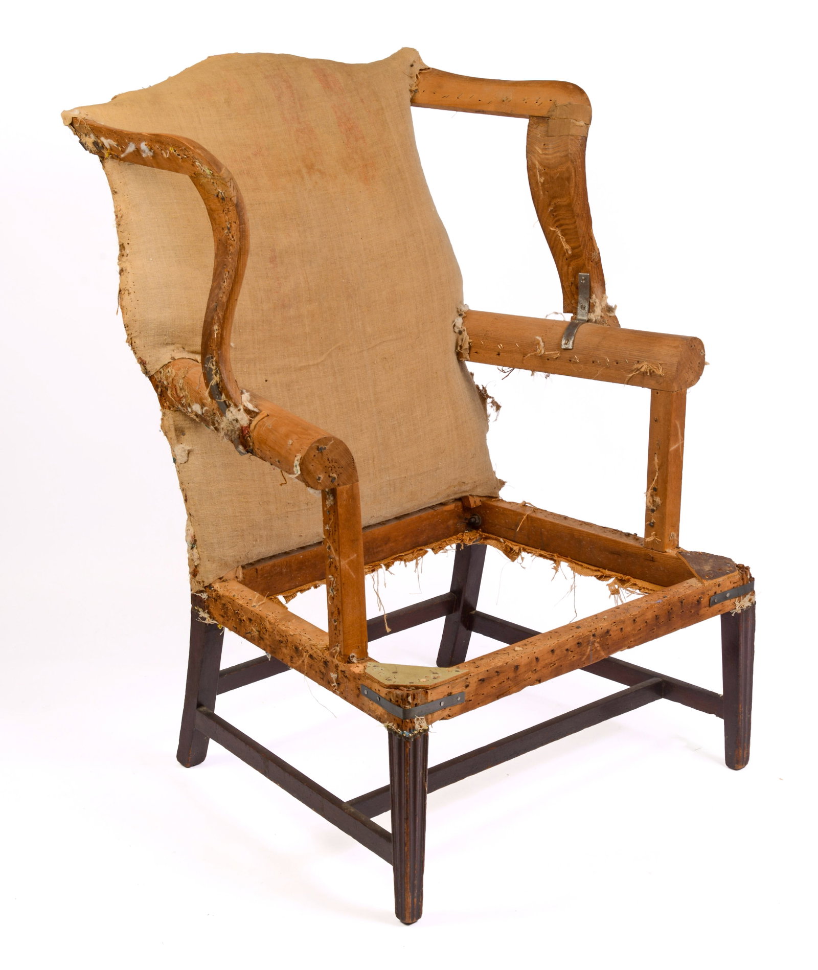HEPPLEWHITE LOLLING CHAIR FRAME, CIRCA 1800.: Height 46 inches, width 31 inches, depth 26 inches. Provenance: Descended in the family of Captain Thomas Thompson, Portsmouth, NH.