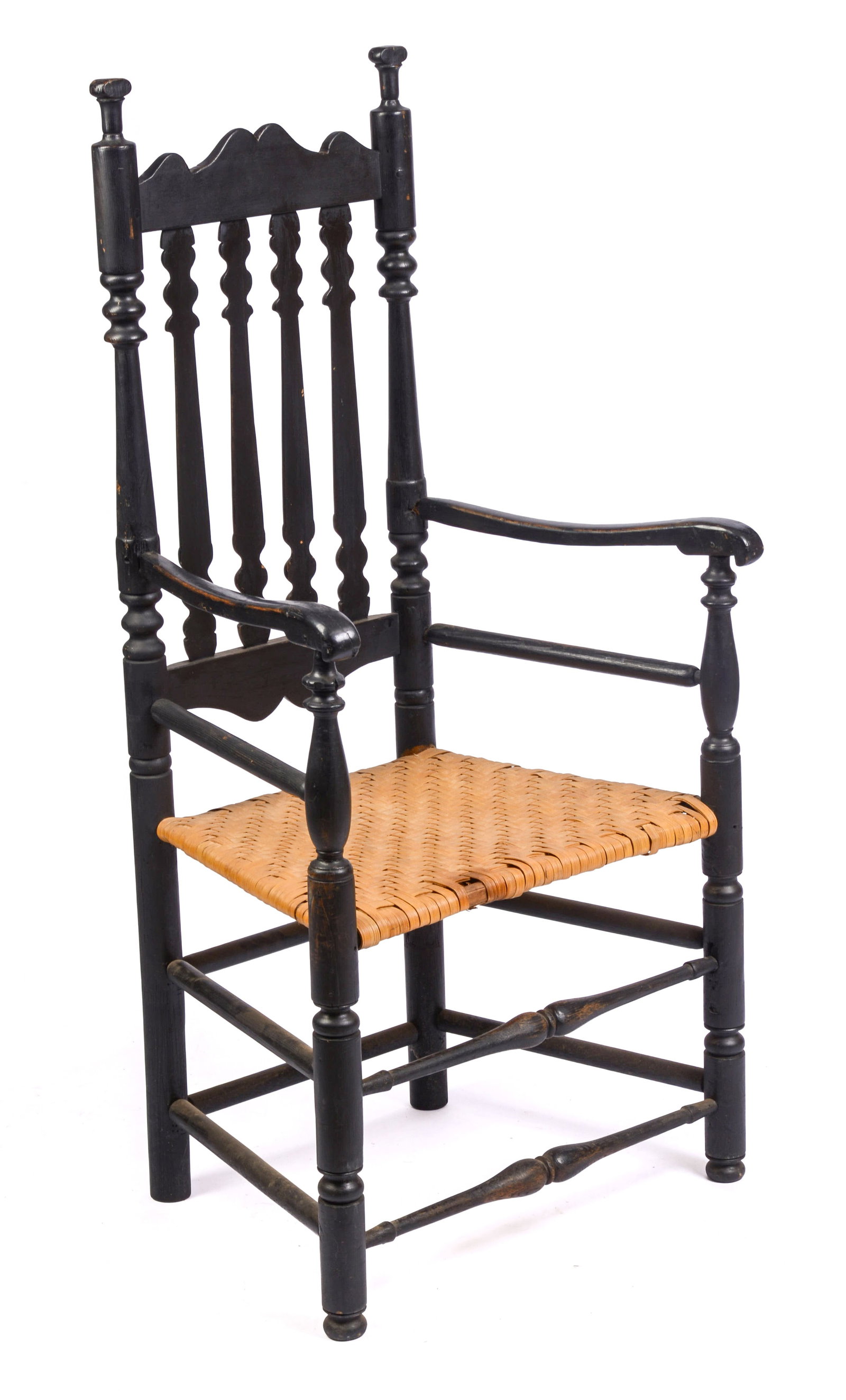 WILLIAM & MARY BANISTER BACK ARMCHAIR.: Connecticut shoreline, 18th-century, in later black paint. Seat height 17.5 inches, overall height 48.5 inches, width 22 inches, depth 17.5 inches.