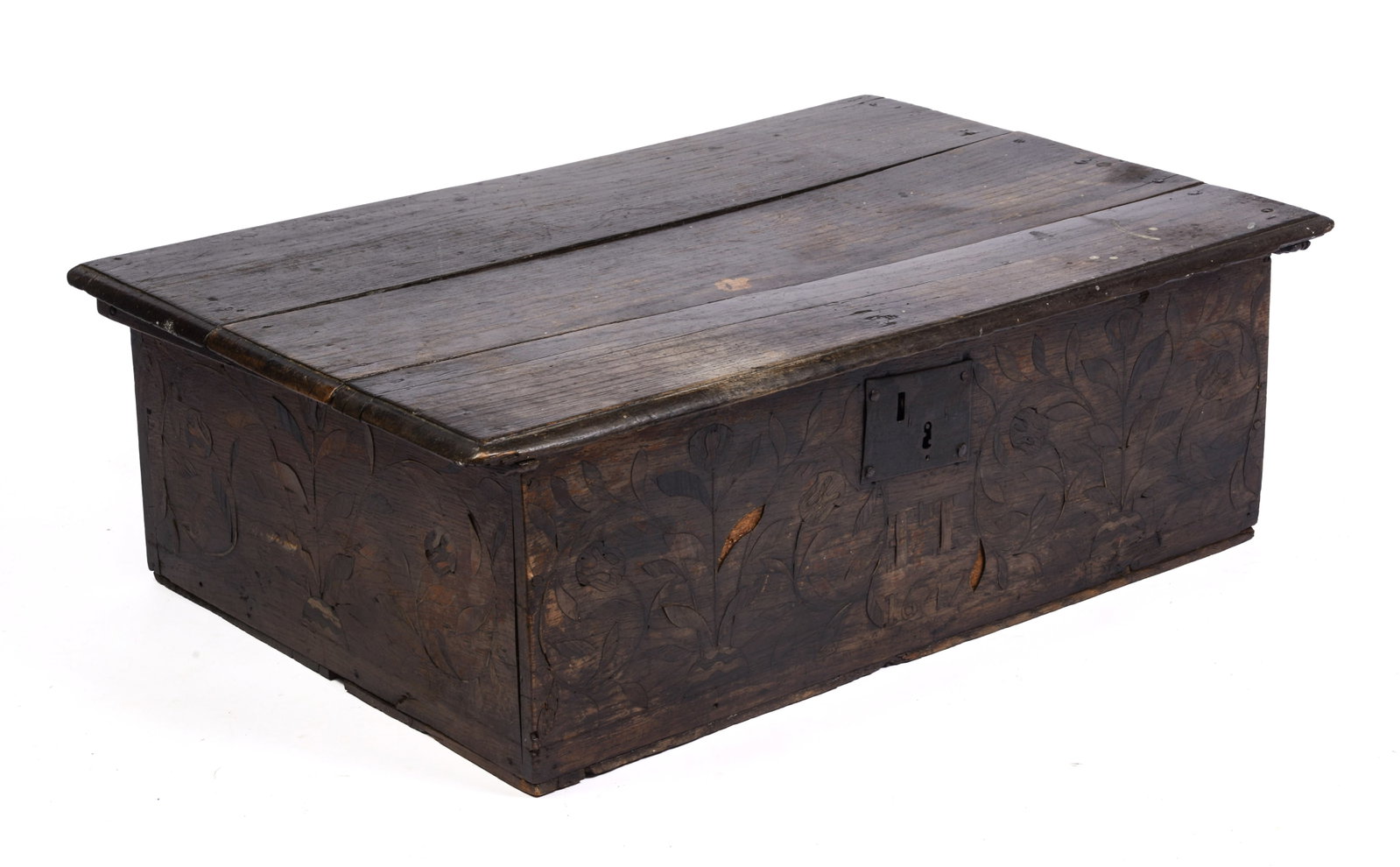 17TH CENTURY ENGLISH JACOBEAN DOCUMENT BOX.: With rare inlaid decoration â€?TT 1647â€?, and pintle hinges. 10.5 x 31 x 21.5 inches.