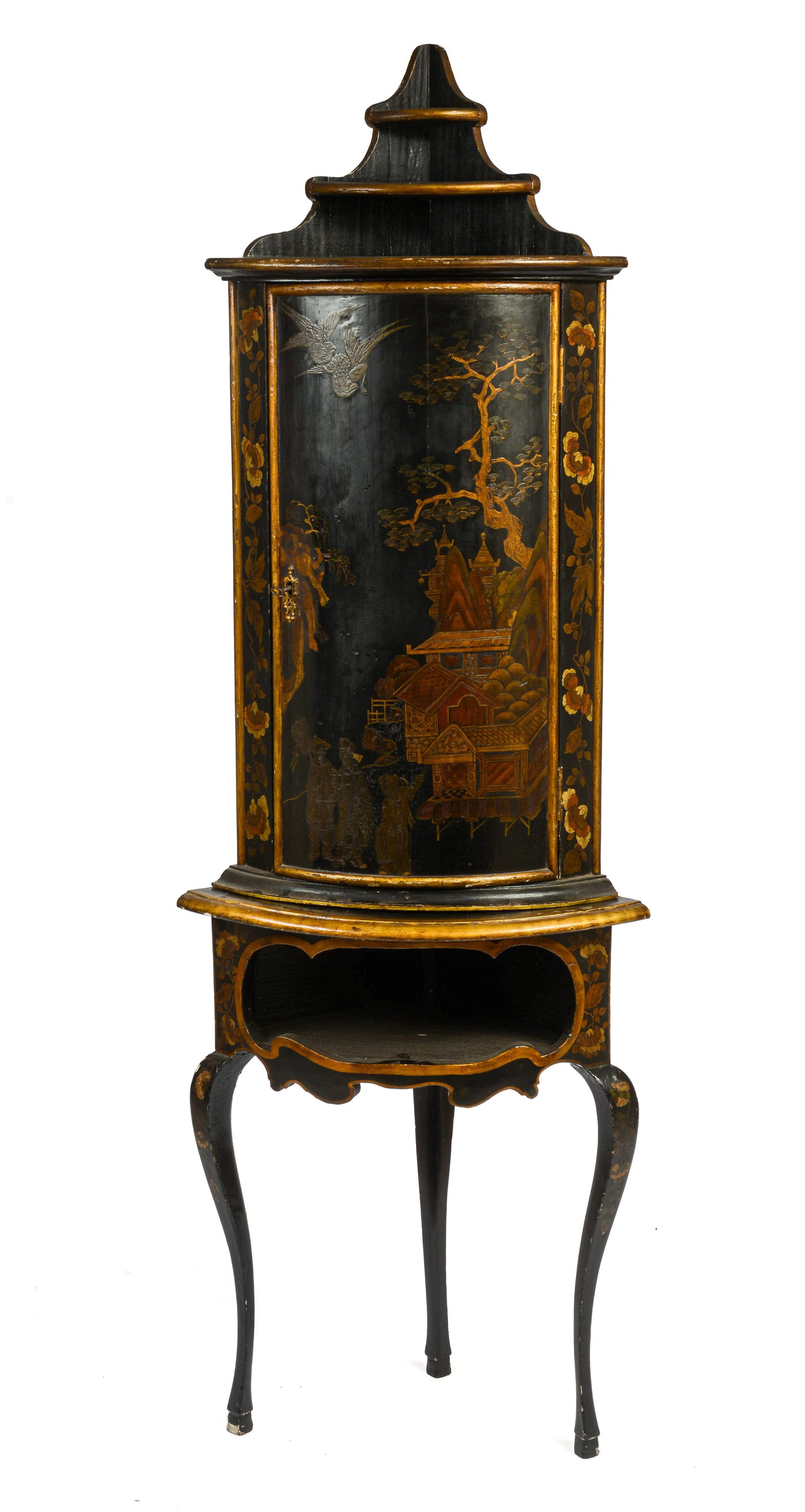19TH CENTURY CHINOISERIE PAINT-DECORATED TWO-PIECE CORNER CUPBOARD.: Top with curved door conceals three shelves and tripod base with a central shelf. Height 76 inches, width 24 inches, depth 16 inches.