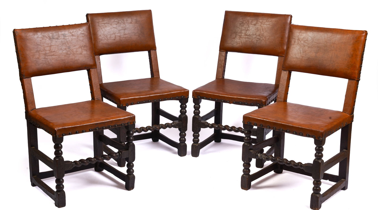 SCARCE SET OF FOUR, MID-17TH CENTURY LEATHER BACK STOOLS. (1 of 6)