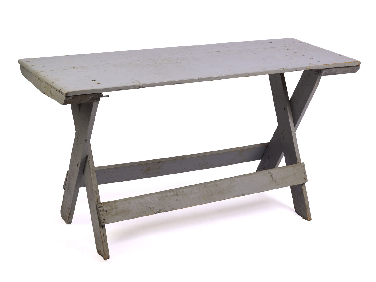PINE TRESTLE TABLE IN BLUE PAINT.: Height 29.5 inches, length 54.5 inches, depth 21.5 inches.