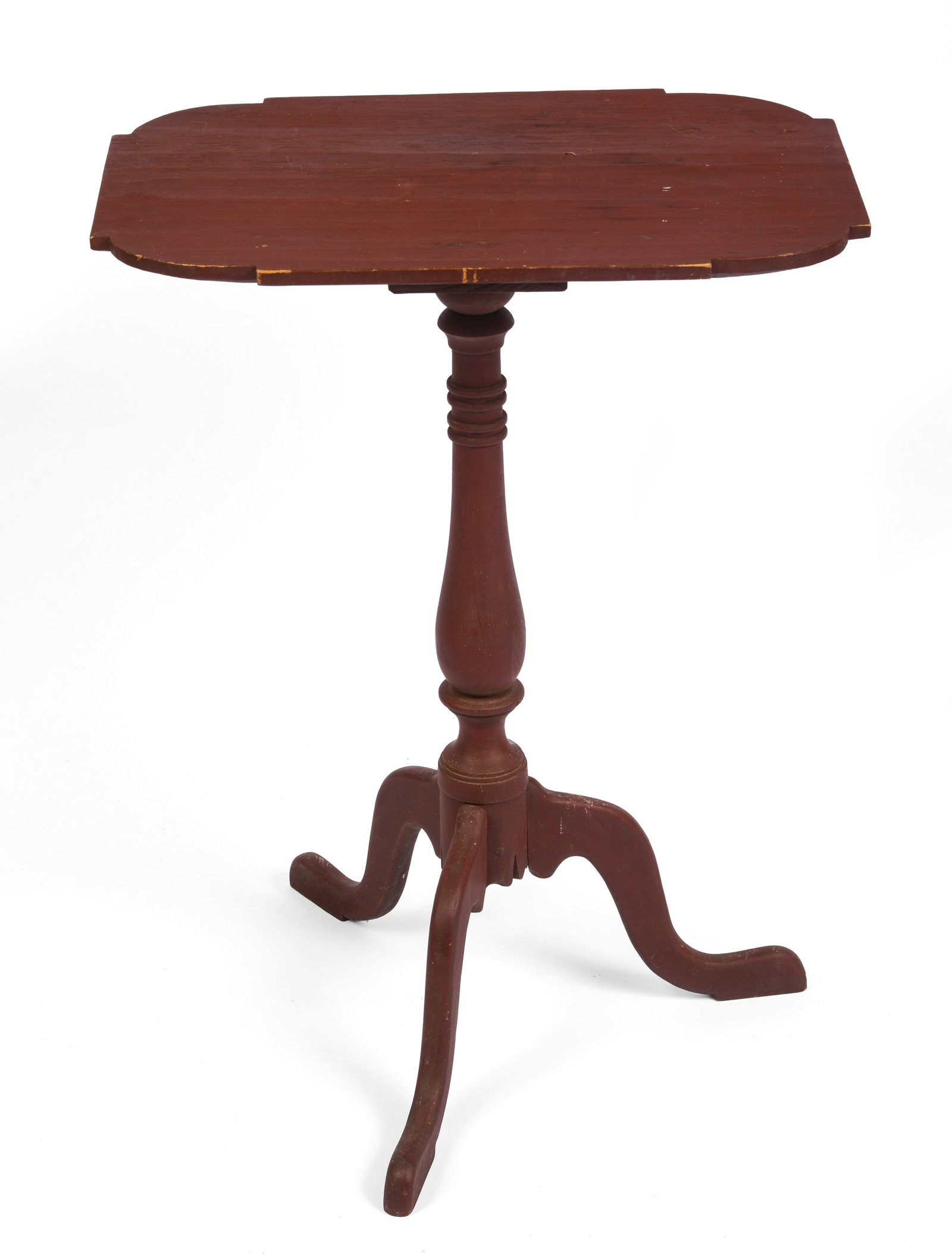 NEW ENGLAND CANDLE STAND IN RED PAINT.: Height 28.5 inches, top 21 x 14 inches.