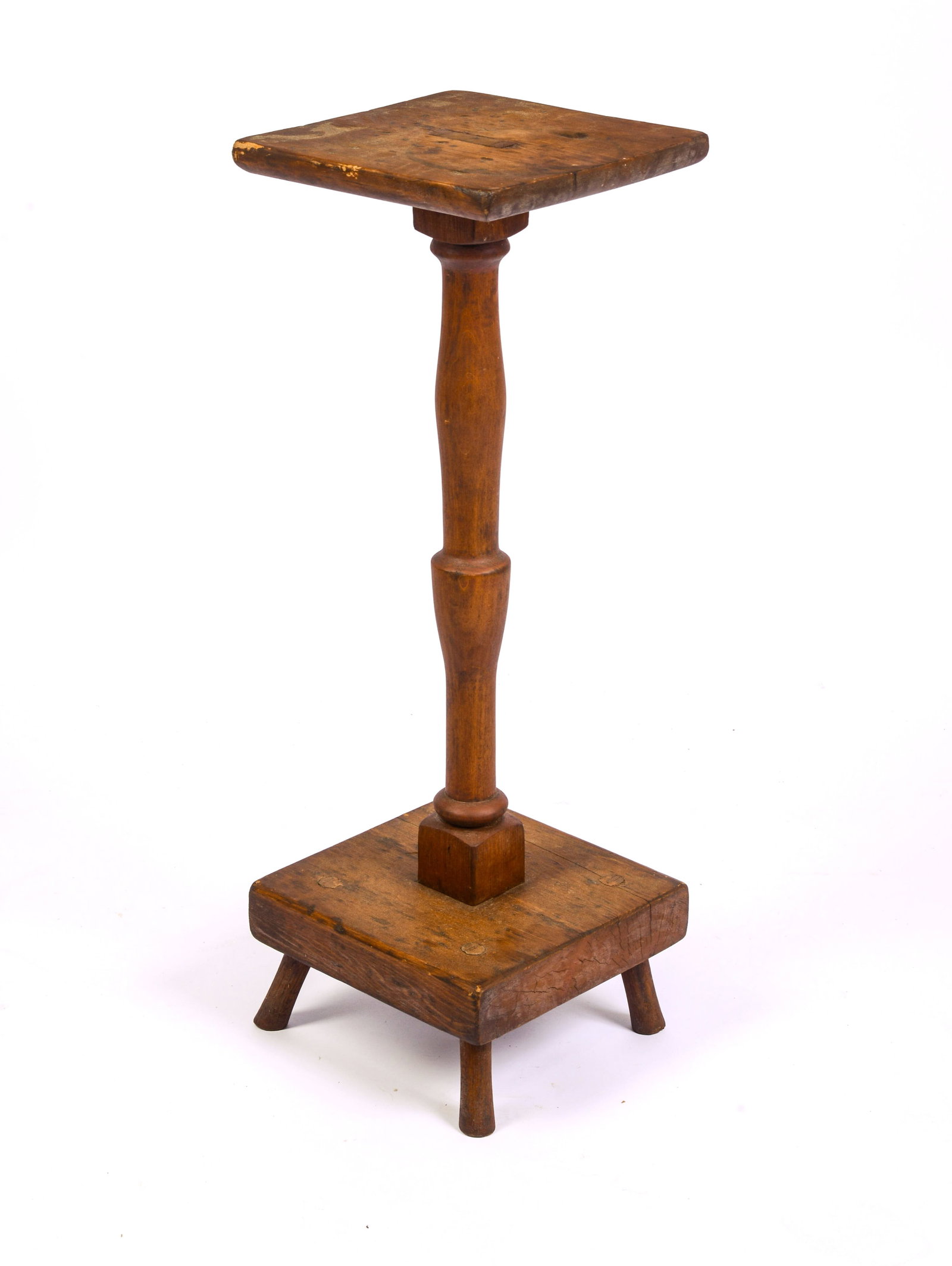 18TH CENTURY NEW ENGLAND PINE CANDLE STAND.: Height 29 inches, top 10 x 9.75 inches.