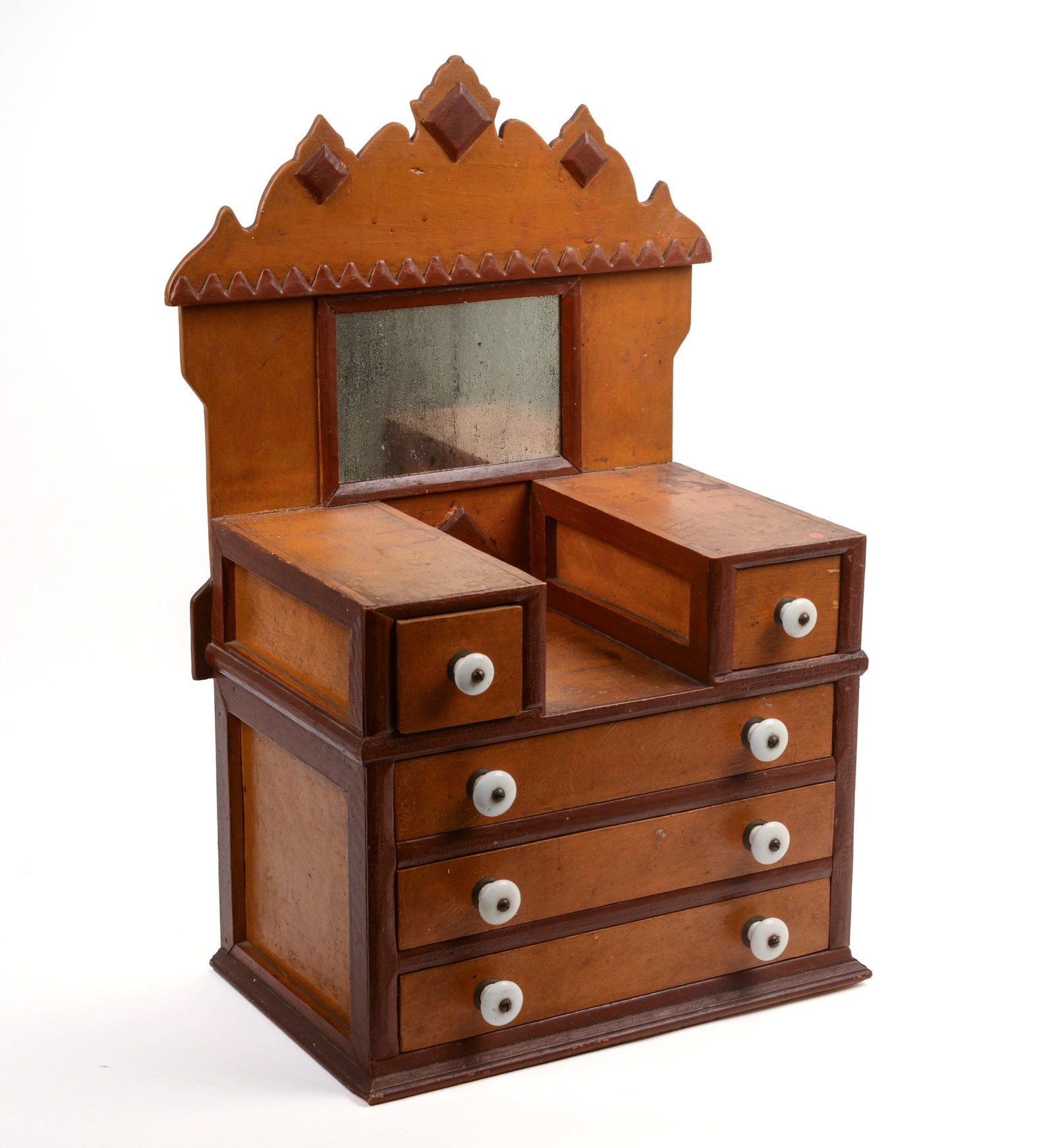 19TH CENTURY AMERICAN FOLK ART MINIATURE CHEST OF DRAWERS.: Bottom drawer with 1888 newspaper lining. Height 24 inches, width 14.5 inches, depth 9.5 inches. 