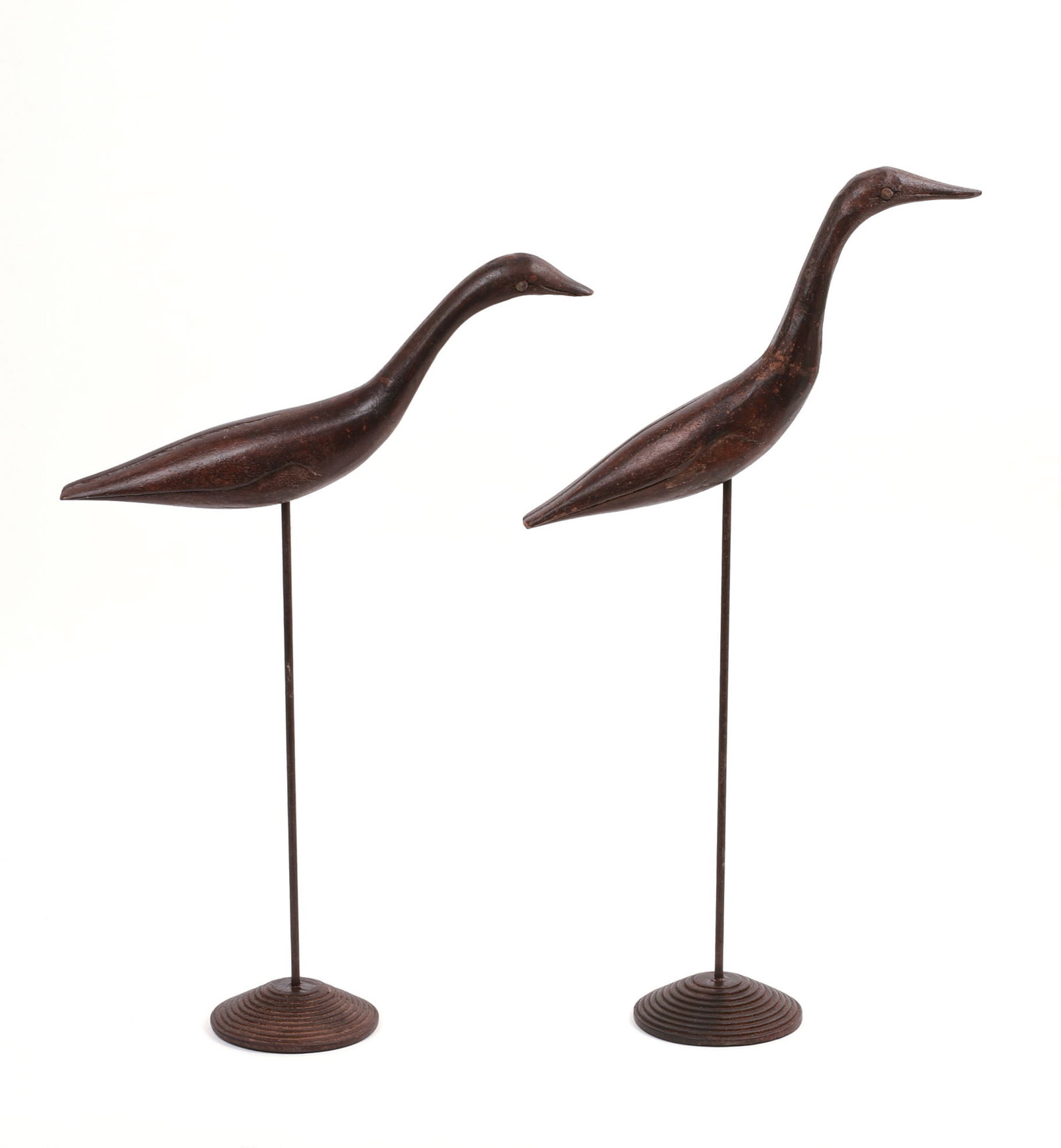 TWO EARLY 20TH CENTURY WOOD SHORE BIRDS ON STANDS.: Height 18 inches.