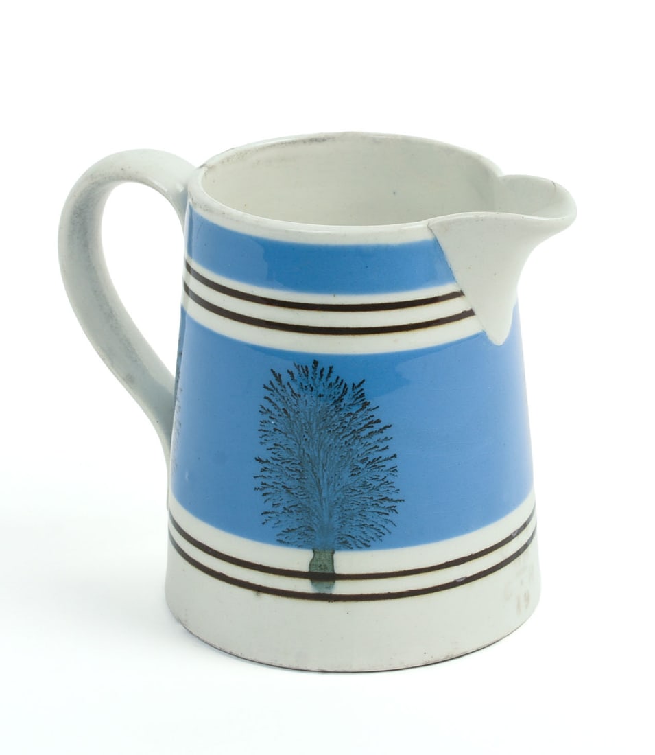ENGLISH MOCHAWARE BLUE-BANDED PITCHER WITH SEAWEED DECORATION.: Height 4.75 inches, good condition.