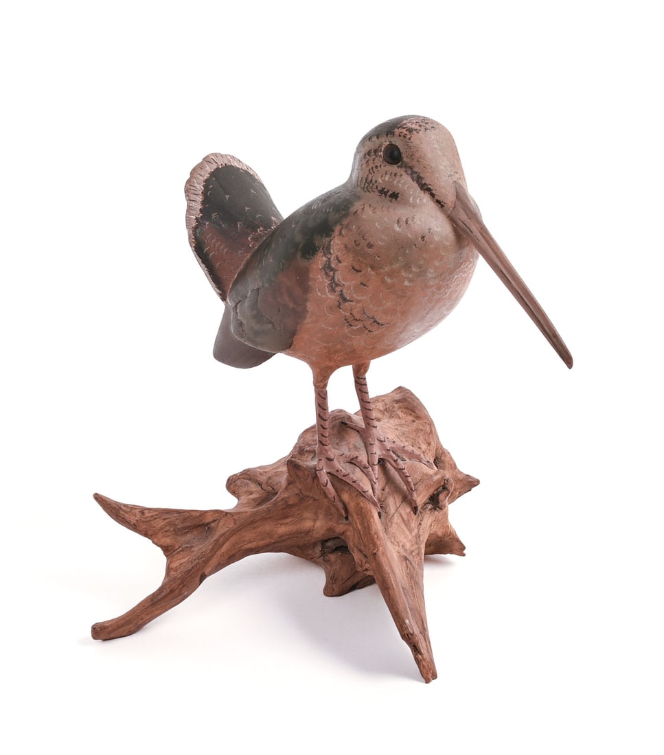 J. TAYLOR. AMERICAN WOODCOCK.: Carved and painted wood, circa 1950. Marblehead, Massachusetts. Height 9.5 inches.
