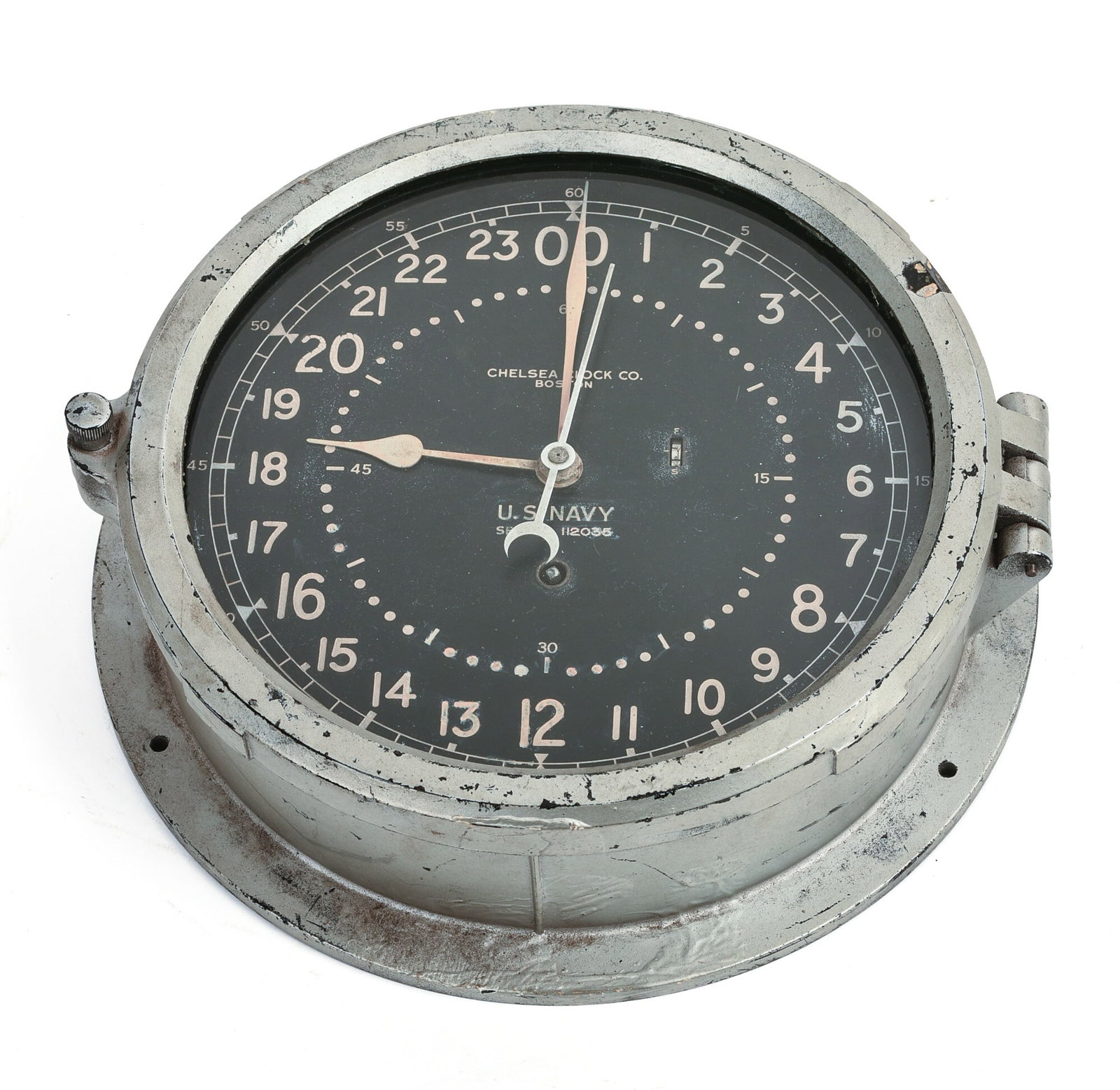 CHELSEA US NAVY SHIP'S CLOCK.: Diameter 9 inches. Not operational, some wear to case.