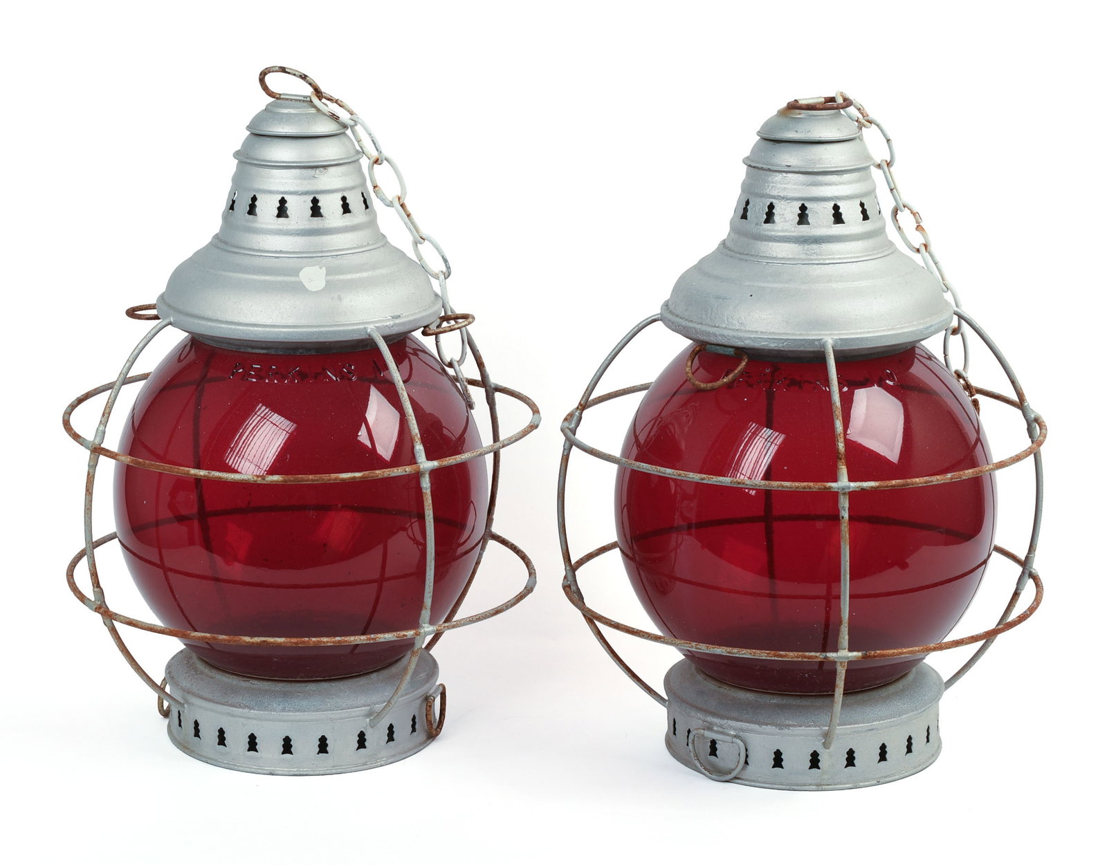 PAIR OF PERKIN'S RED DISTRESS LANTERNS.: Height 18 inches.