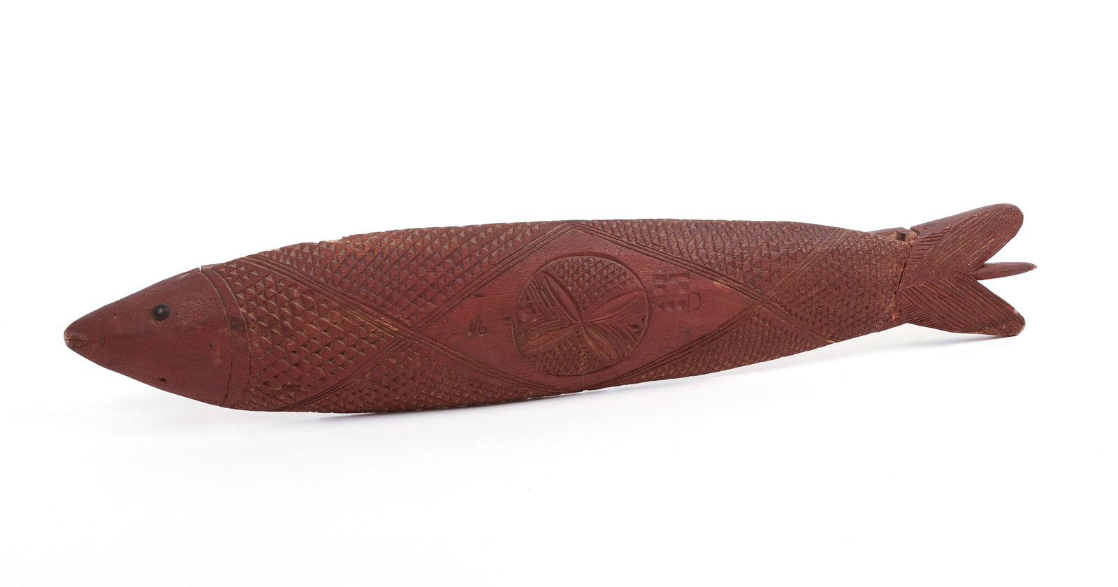 CHIP-CARVED FISH IN RED PAINT.: Length 19 inches.
