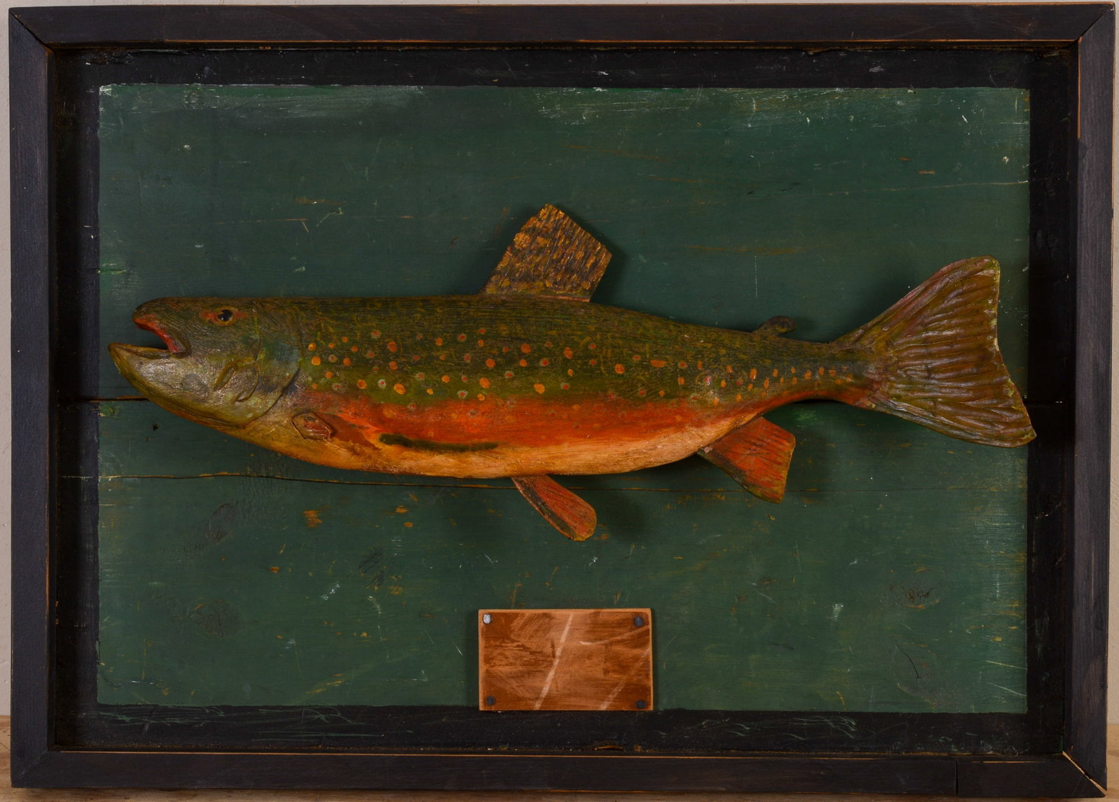 FOLK ART CARVED AND PAINTED FISH MOUNT.: Backboard 17.5 x 24 inches.
