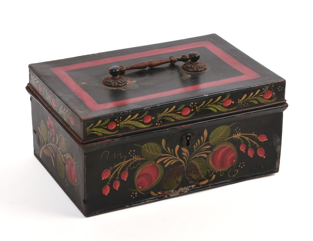 20TH CENTURY PAINT-DECORATED TINWARE DOCUMENT BOX.: L.J. DeBerry (1834 - 1917). 4.5 x 9.5 x 6.5 inches.