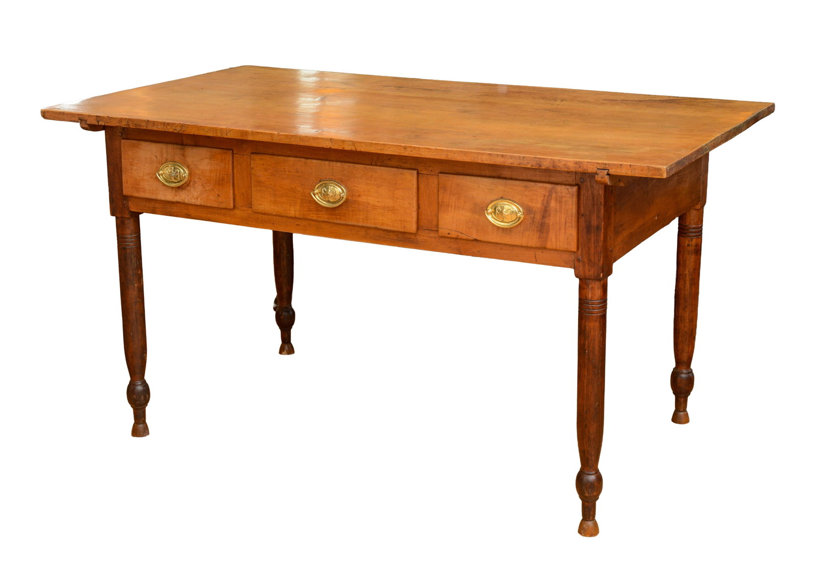 LARGE NEW ENGLAND MAPLE TAVERN TABLE.: Circa 1810. Height 31 inches, length 57.5 inches, depth 32.75 inches. Refinished, replaced hardware.