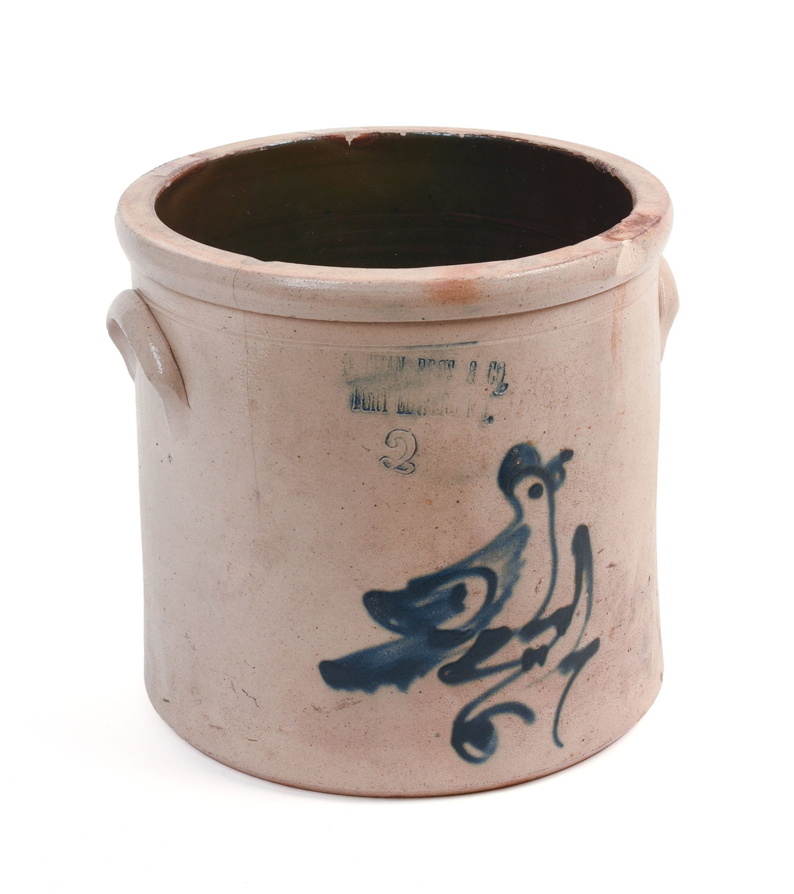 OTTMAN BROS. TWO-GALLON STONEWARE CROCK WITH BIRD DECORATION.: Height 9.25 inches. Chip at rim.