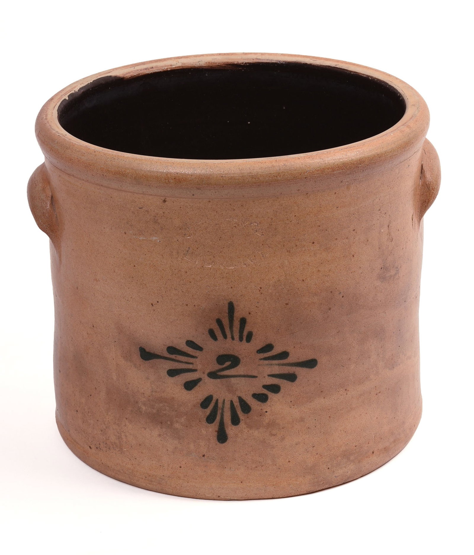 J. FISHER COBALT DECORATED TWO-GALLON STONEWARE CROCK.: 19th century. Height 9 inches.