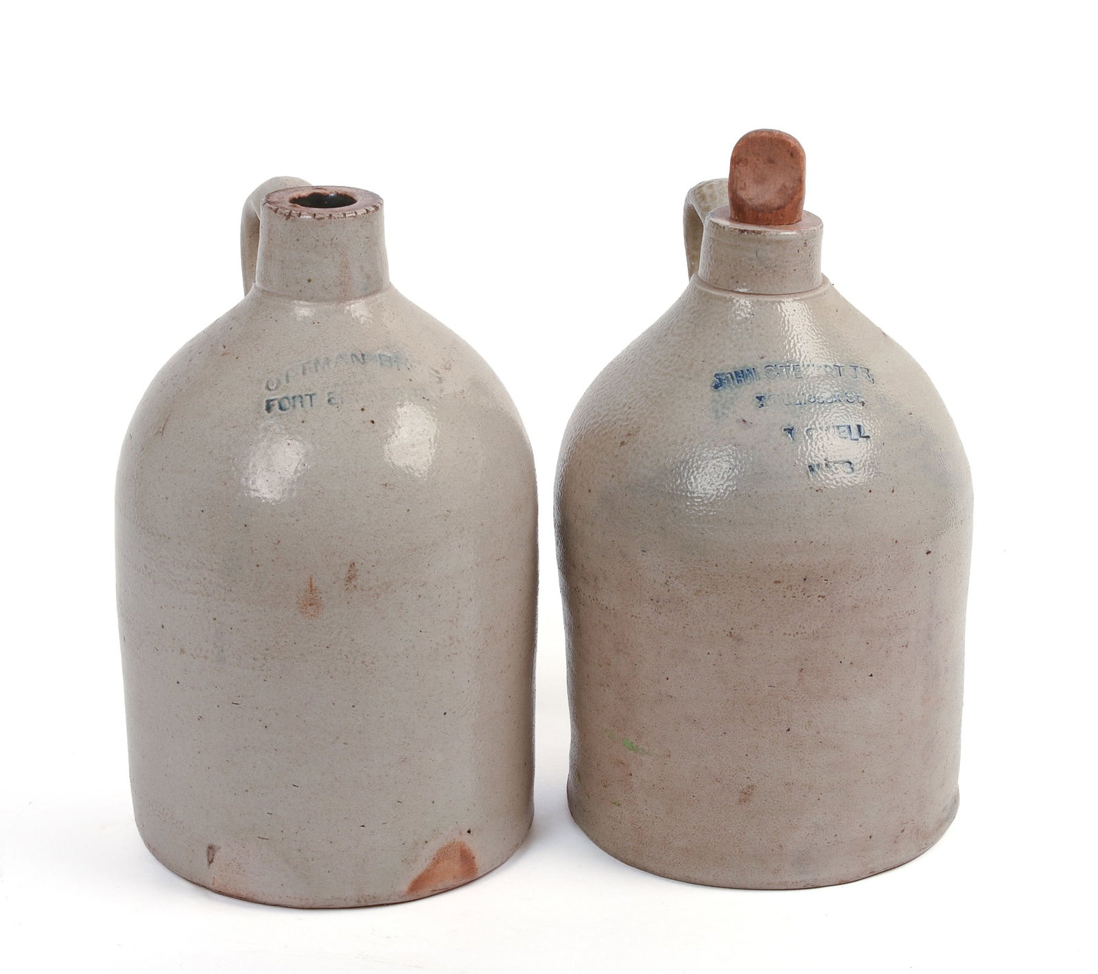 TWO STONEWARE CROCKS.: Ottman Bros, Fort Edward, and John Stewart Jr, Lowell. Heights 11.25 and 12 inches.