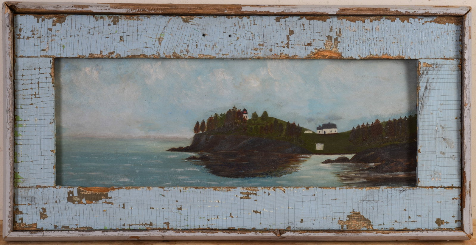 FOLK ART PAINTING OF OWL'S HEAD, MAINE.: Oil on board, 9 x 24 inches. In a later barn board frame, 15 x 31 inches.