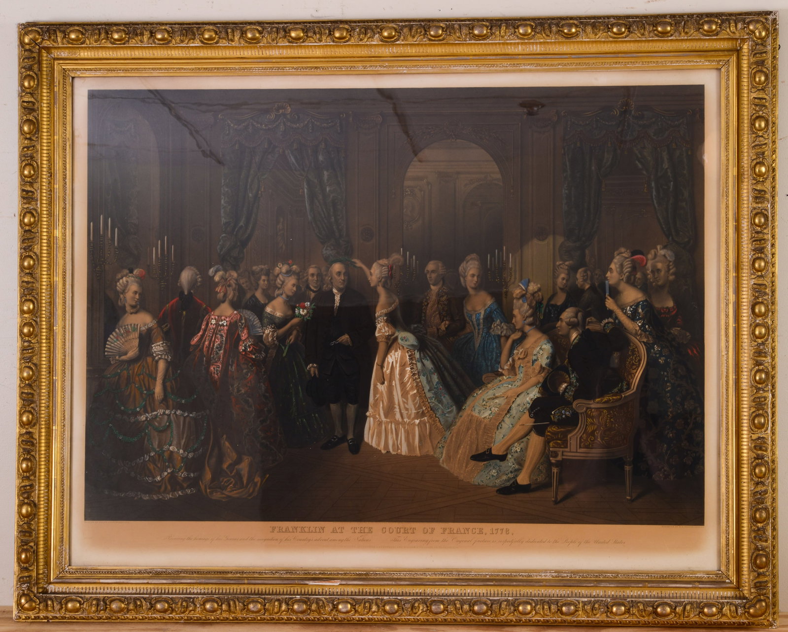 LARGE 'FRANKLINâ€™S RECEPTION AT THE COURT OF FRANCE' HISTORICAL HAND COLORED ENGRAVING. (1 of 3)