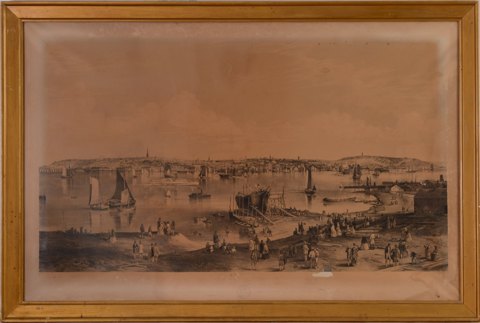 LARGE CITY OF PORTLAND, MAINE, PRINT.: After a painting by J.W. Hill, Charles Parsons Lithographer, printed by Endicott & Co. 27 x 43 inches. Framed, 31 x 46.5 inches. Minor loss, and overall toning. 