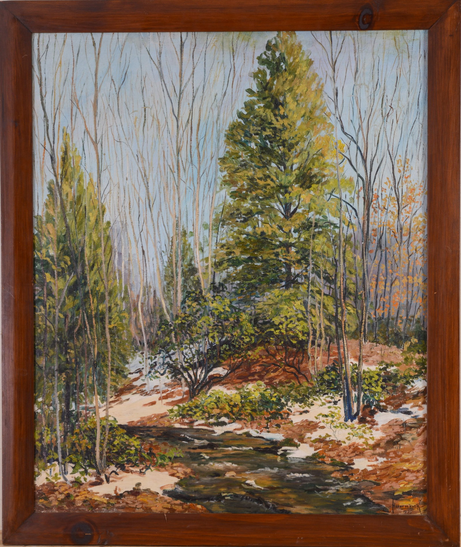 HARRY M. BOOK (PENNSYLVANIA, 1904-1971). LARGE FOREST SCENE.: Framed oil on canvas, signed and dated 1935 lower right. Sight 34 x 28 inches. Frame 38 x 32 inches.