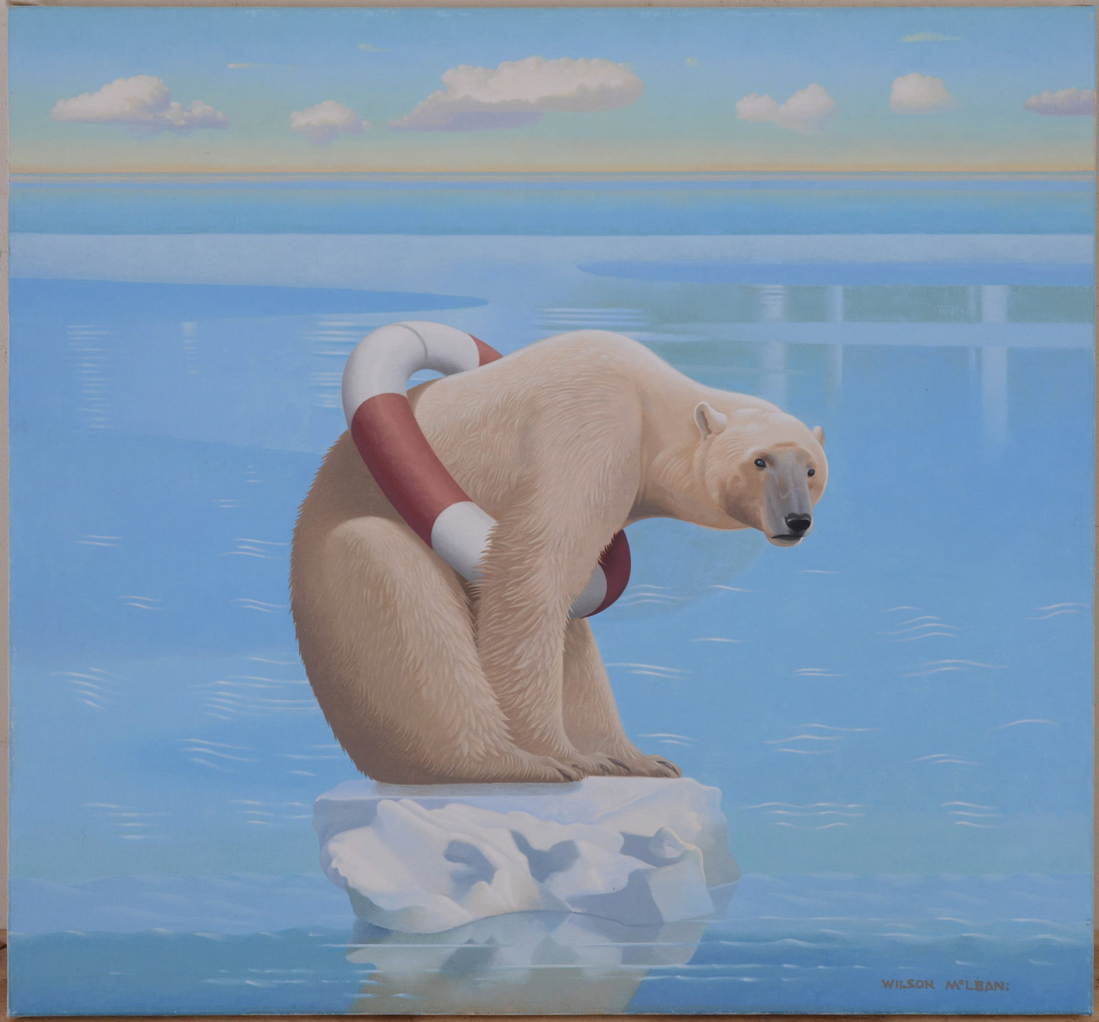 WILSON MCLEAN (UNITED KINGDOM, UNITED STATES, B. 1937). POLAR BEAR ON MELTING ICE.: Unframed oil on canvas, signed lower right. 24 x 26 inches.