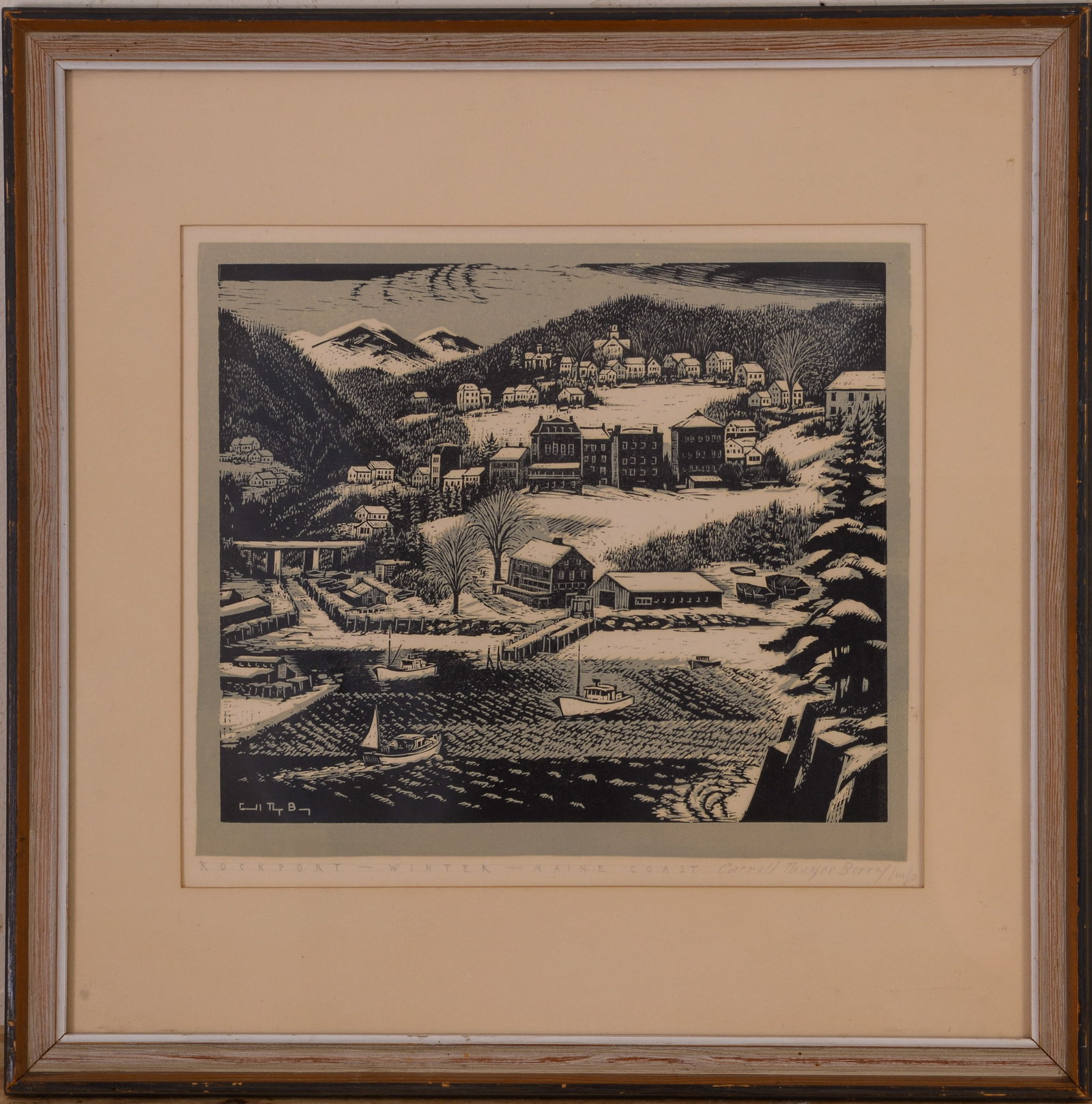 CARROLL THAYER BERRY (MAINE, 1886 - 1978). ROCKPORT WINTER, MAINE COAST.: Signed in pencil. 12 x 13.5 inches, sight. Framed, 20 x 19.5 inches.