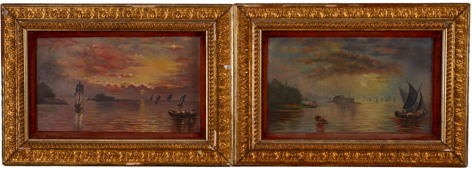 TWO 19TH CENTURY AMERICAN FORT PAINTINGS.: Each depicting the same island fort. Framed oil on board. Sight 9.75 x 15.5 inches. Frame 14 x 19.5 inches.