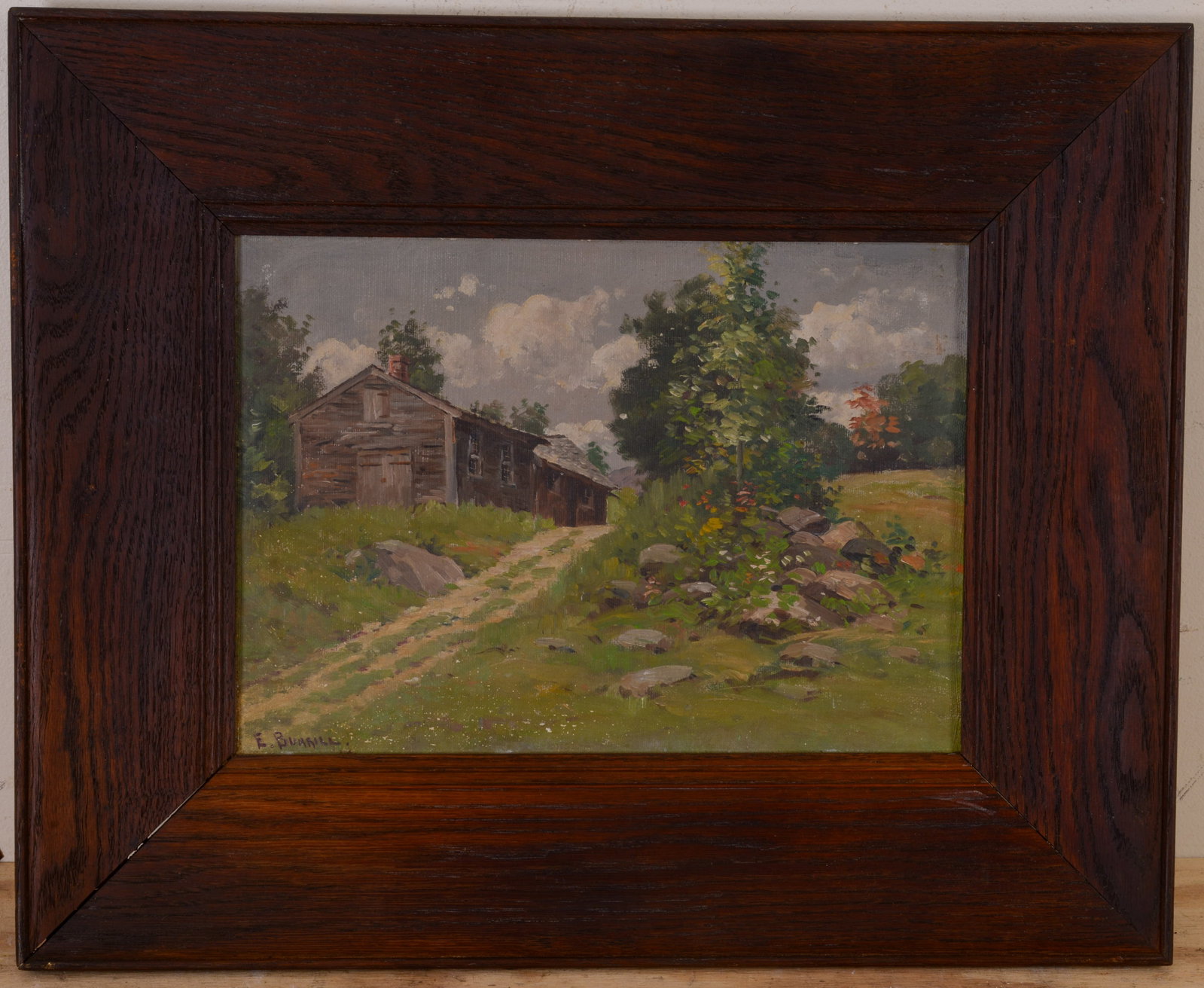 EDWARD BURRILL (MASSACHUSETTS, 1835 - 1913). OLD BARN.: Framed oil on artist board. Sight 10 x 14 inches. Original wide oak frame, 17 x 21.5 inches.