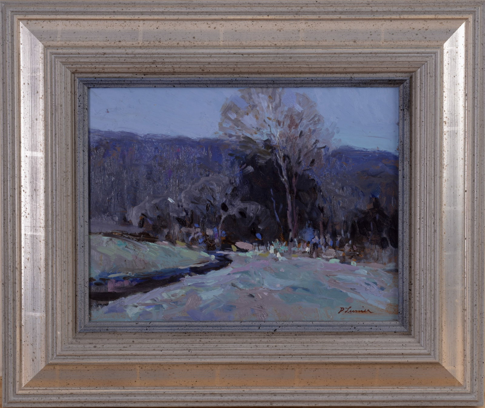 DAVID LUSSIER (CONNECTICUT, 20TH/21ST CENTURY). TWILIGHT LANDSCAPE.: Framed oil on board, signed lower right. Sight 9 x 12 inches, .