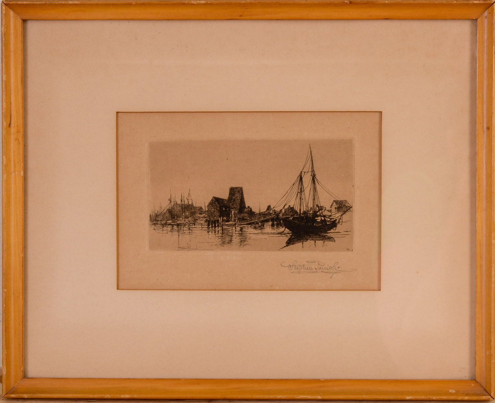 STEPHEN PARRISH (1846 - 1938). GLOUCESTER FERRY NO. 2.: Pencil signed. Image 2.75 x 5.25 inches. Framed, 10 x 12.5 inches.